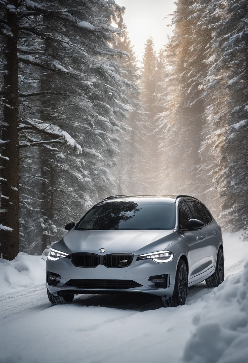 (((Close-up of a light gray family car in a snowy forest))), side perspective, concept ar, conceito, 3/4 side view, full view of a car, 9 k, 9K, a wide full shot, C 12.0, aerodynamic imposing, dynamic angle shot, in a panoramic view, 4 ), 6k,Soft beauty,softlighting,Sunny morning,warm texture,Warm feeling,Warm