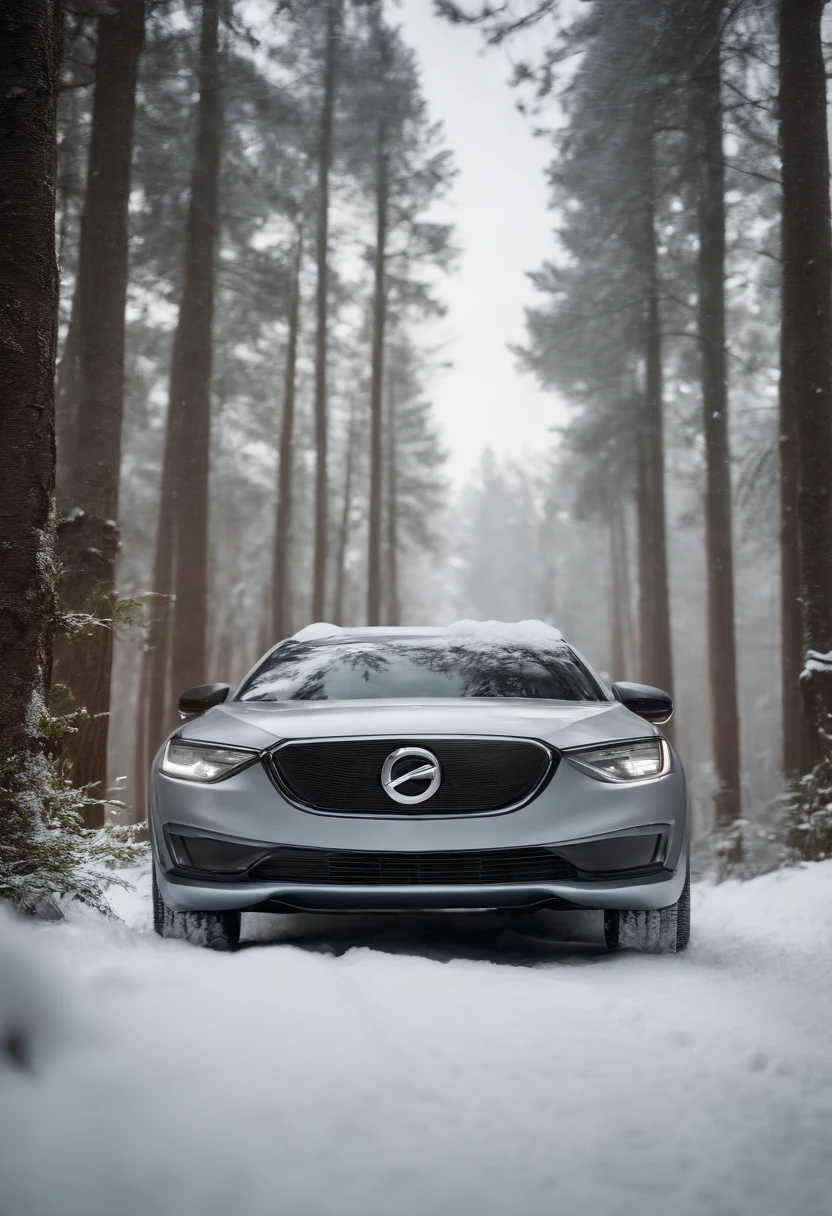 (((Close-up of a light gray family car in a snowy forest))), side perspective, concept ar, conceito, 3/4 side view, full view of a car, 9 k, 9K, a wide full shot, C 12.0, aerodynamic imposing, dynamic angle shot, in a panoramic view, 4 ), 6k,Soft beauty,softlighting,Sunny morning,warm texture,Warm feeling,Warm