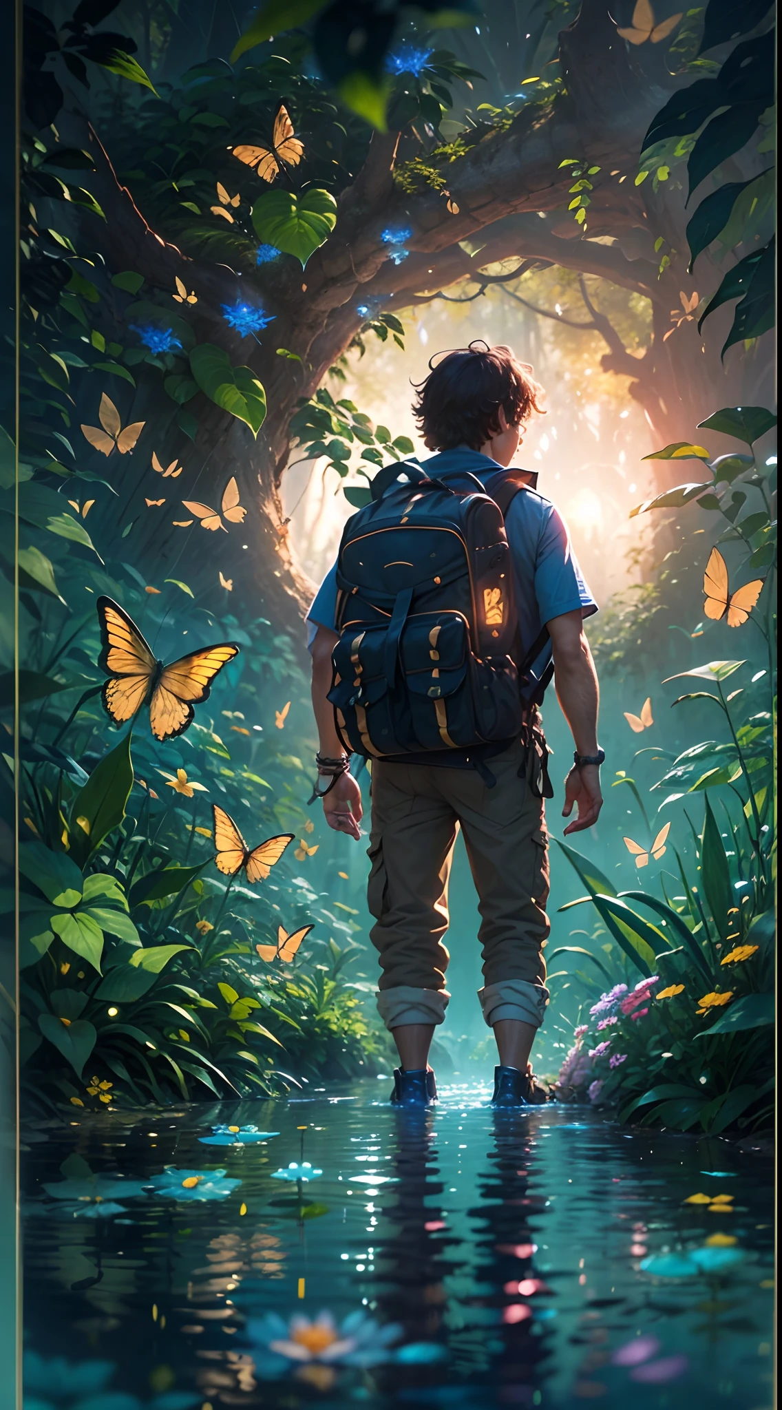 ((best qualtiy)), ((tmasterpiece)), (A detailed:1.4),Enhanced dynamic perspective,jungles,nighttime scene,starrysky,(darkly:1.4),(( adventurer standing in front of supergiant butterfly,Butterflies spread their huge wings,shimmering under the moonlight,A starry stream flowed before him)),Crocodiles float on the water,(Adventurer backpack),(weeds),florals,(((adventurer clothing))),Glow effects,super-fine,Works of masters,high qulity,8K分辨率,depth of fields,电影灯光,Epic shooting,high qulity,super-fine,Detailed pubic hair,Accurate,Cinematic lighting,