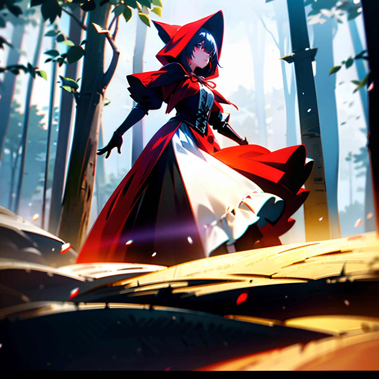 1girl little Red Riding Hood solo,  [European female fashion model] [dressed like a dark fantasy style] [Happy expression on face] [Environment: forest], extremely realistic, 8k, insane details, intricate details, beautifully color graded,Color Grading, Editorial Photography, Photography, Bokeh, taken with a 60mm lens, ISO 300, f/4, 1/200th --ar 2:3 , running pose, full length portrait, dramatic lighting, unreal engine --ar 2:3