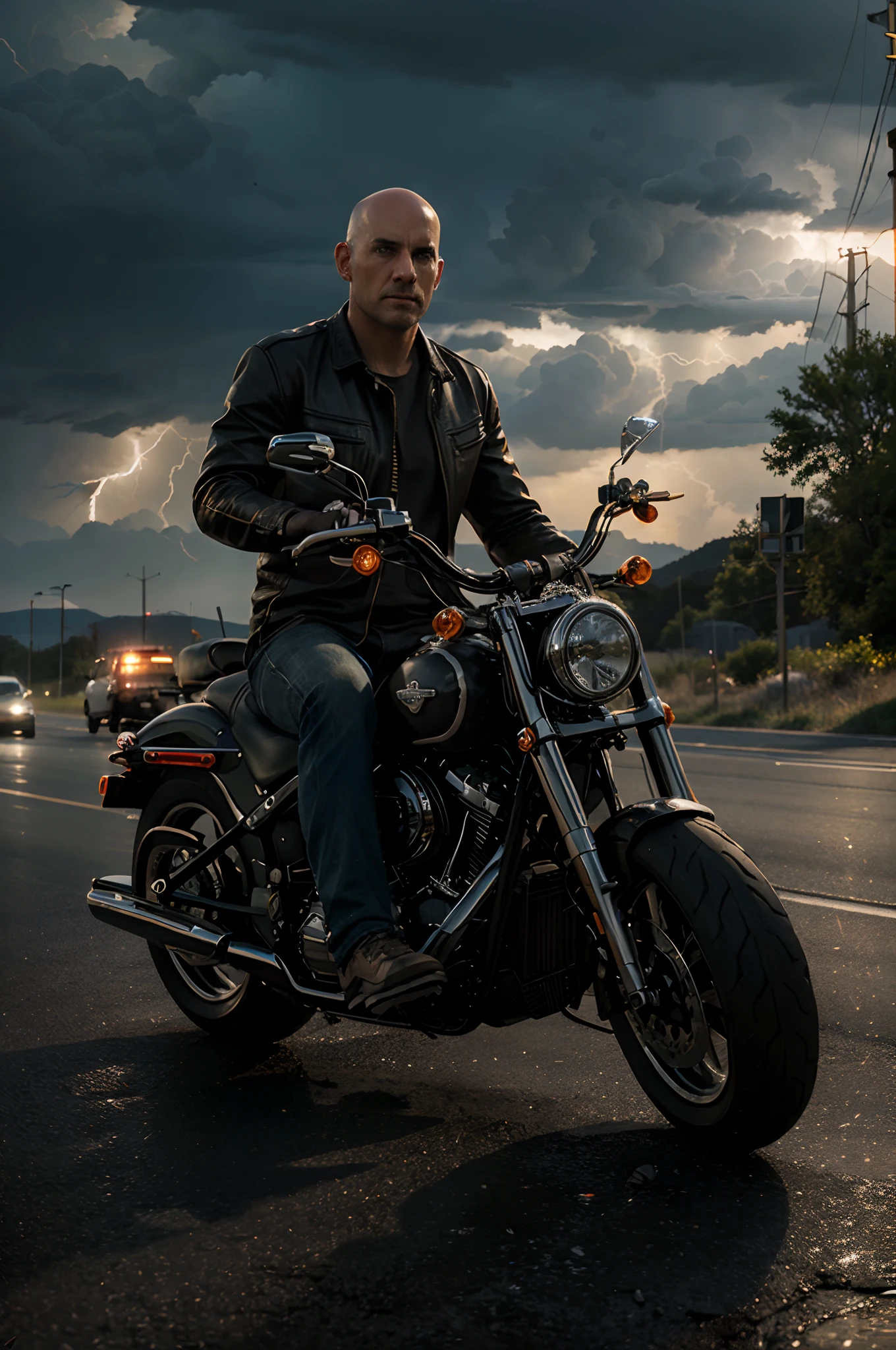high quality, cinematic ray , realistic digital art illustration epic lightning, high detail,cinematic lightning, bald head, a man driving a harley davidson fat boy on the highway in motion
