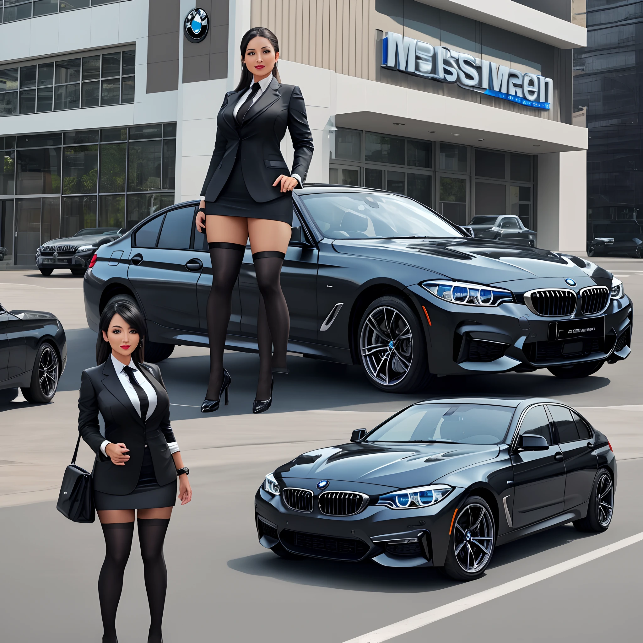 A saleswoman who sells BMW and wears black stockings is introducing the car.