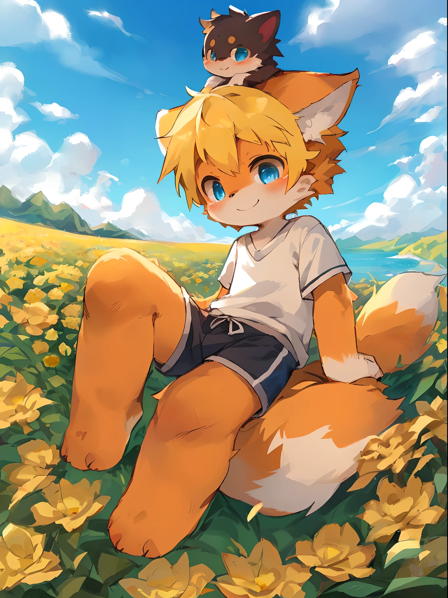 Masterpiece, high quality, absurd resolution, digital painting \ (artwork \), by dagasi, yupa, kiyosan, (fluffy fur,orange fur, full body fur,) boys, one person, blue eyes, yellow hair, smile, shorts, cat feet, yellow flower🌼 on the head , bright eyes, panorama, character focus. Detailed background, cloud background, (white short sleeves: 1.2)