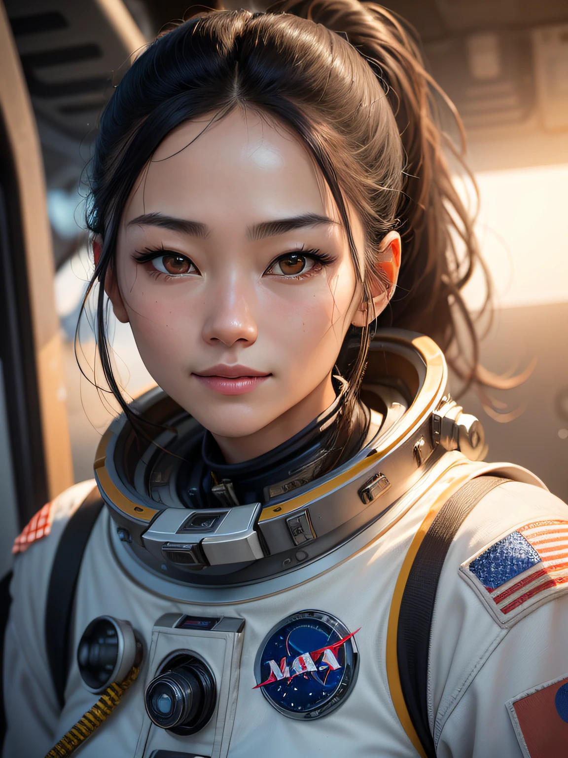 A photorealistic portrait of a young woman, looking straight at viewer, Tian Jing, Japanese, wide jaw, strong chin, closeup, close-up, with light makeup, extremely detailed brown eyes, black hair in ponytail, smile, one eyebrow raised, detailed realistic face, realistic NASA spacesuit, onboard space station, highly detailed natural texture, masterpiece, dramatic lighting