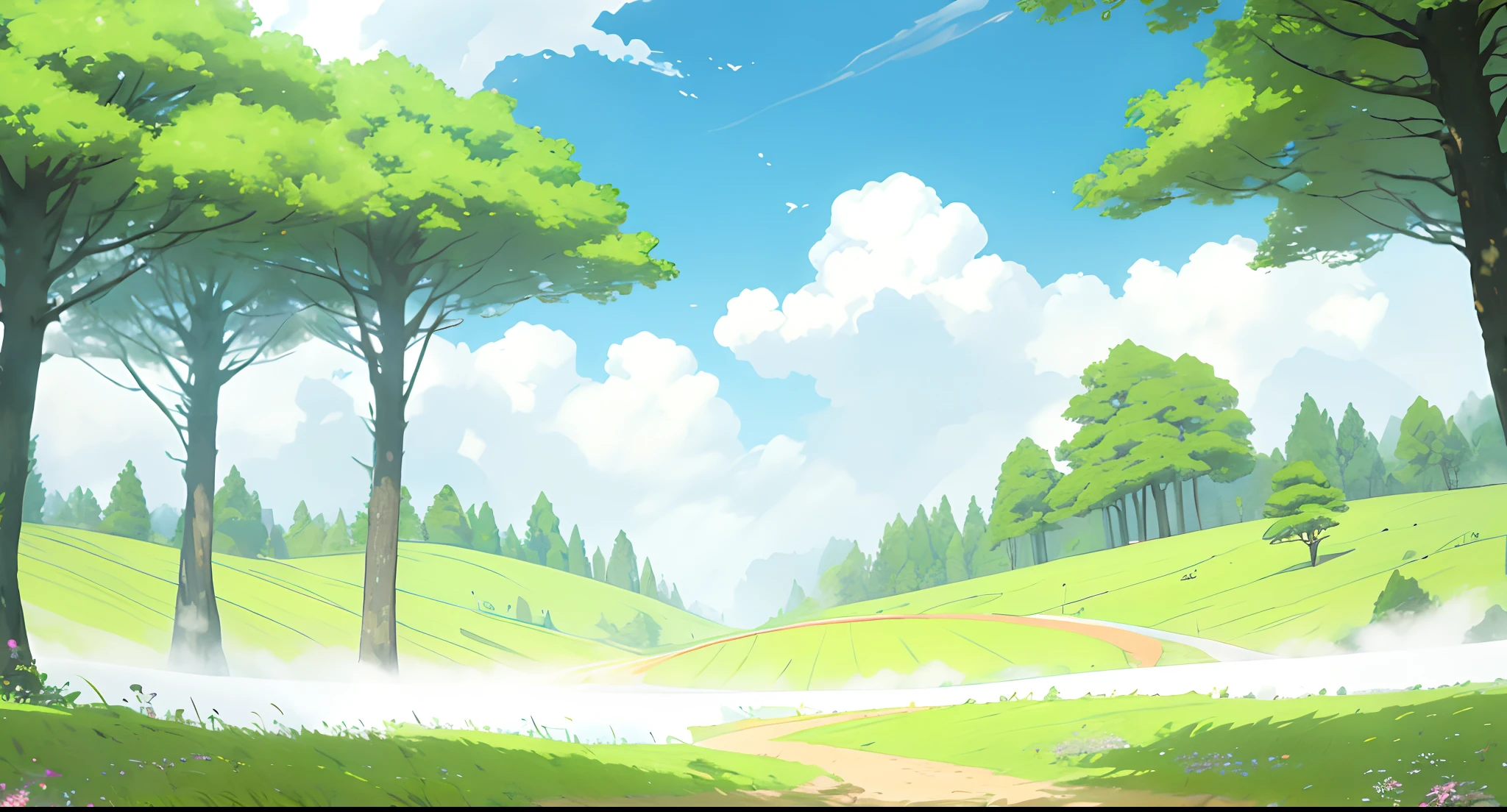 rich details,landscape,mont,城市,Clouds,big trees,Rochas,Green meadow,Digimon World,Anime landscapes