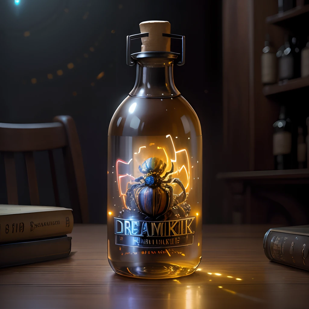 dreamlikeart, Spider glow fluorescent liquid in bottle, Thick glass, Steampunk details, misterious, color difference, Reflectors, insanely details, intricately details, ultra - detailed, realisticlying, photore, kanon, dream-like, Artistically, Hyper-detailed photo realism by greg rutkowski