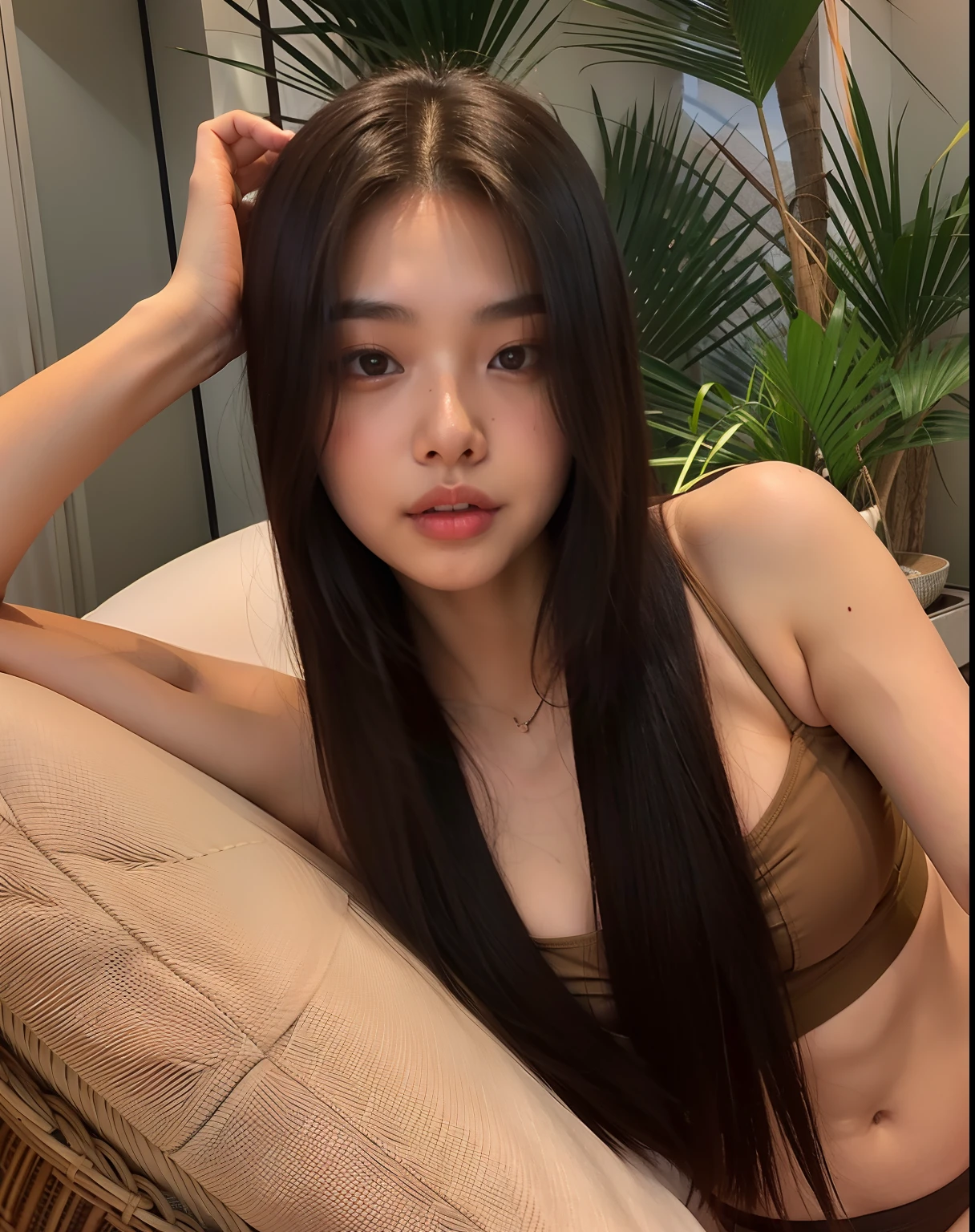 araffe asian woman in a brown bra top and black panties, korean girl, gorgeous young korean woman, beautiful south korean woman, asian girl, 18 years old, beautiful asian girl, korean woman, beautiful young korean woman, 2 2 years old, 21 years old, young asian girl, asian features, gorgeous chinese model, asian girl with long hair