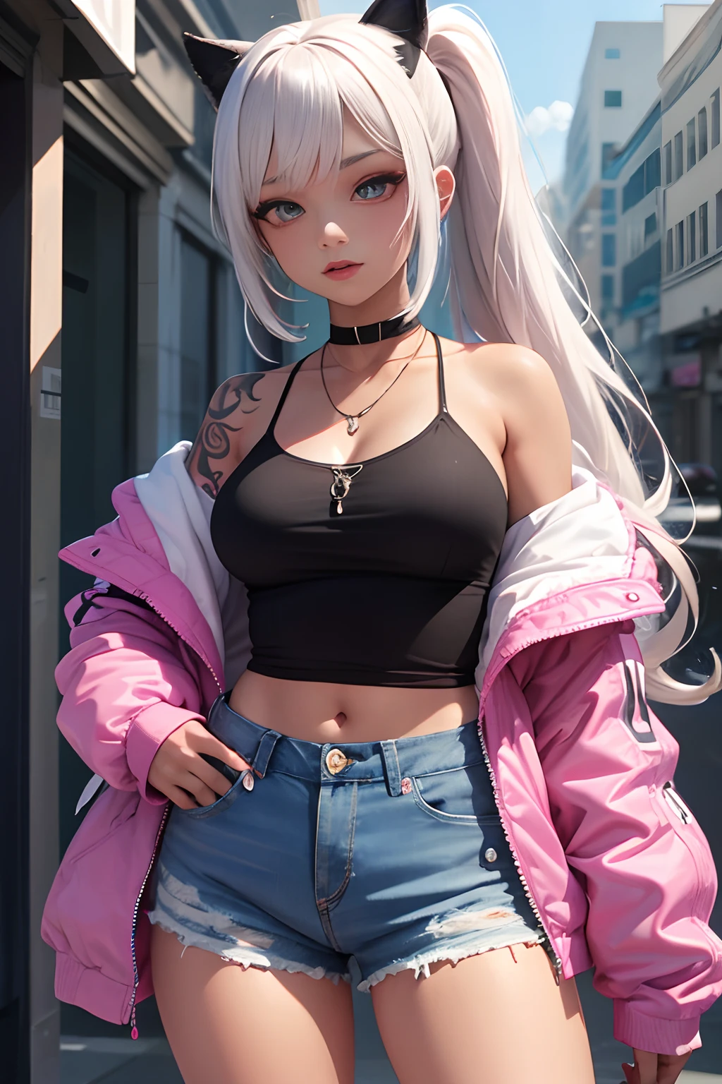 (hyper realistic), (illustration), (high resolution), (8K), (extremadamente detallado), (best illustration), (hermosos ojos detalladoejor calidad), (super detailed), (Obra maestra), (fondo de pantalla), (cara detallada), solo, 1 chica, pelo blanco ondulado, coreano, heterochromic eyes, small moles under the eyes, camiseta rosa, pantalones de yoga negros debajo se ve la vulva, piernas largas, abdominales apretados, sin fugas en el pecho, calle de fondo, de pie