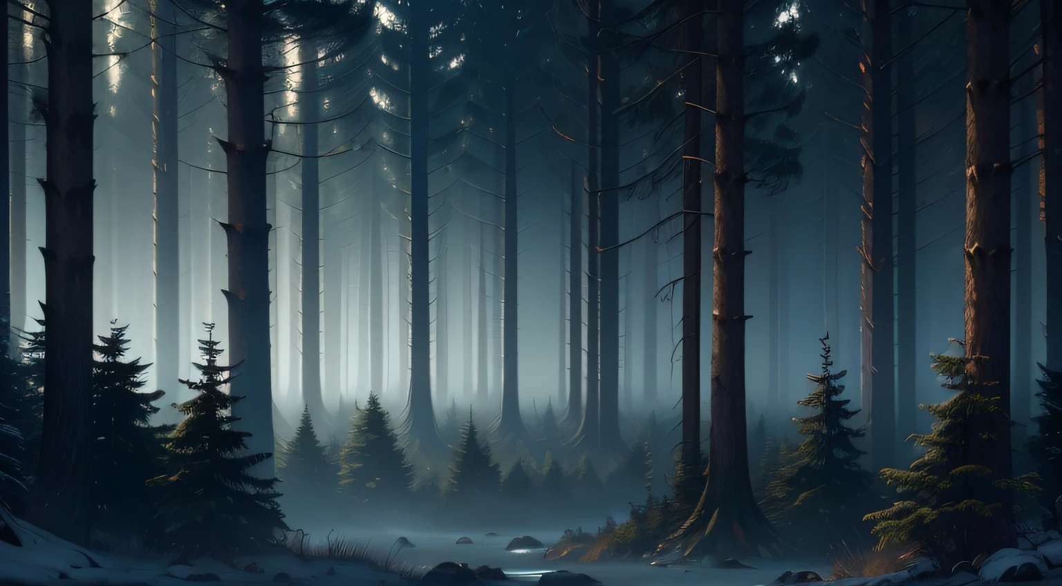 (best quality,4k,8k,highres,masterpiece:1.2),ultra-detailed,dark sky,midnight,night time,dim moonlight,landscape artwork,dense and dark forest,dense mist,dense fog,thickets,tall trees with intertwining branches,detailed textures, wild forest,poor visibility