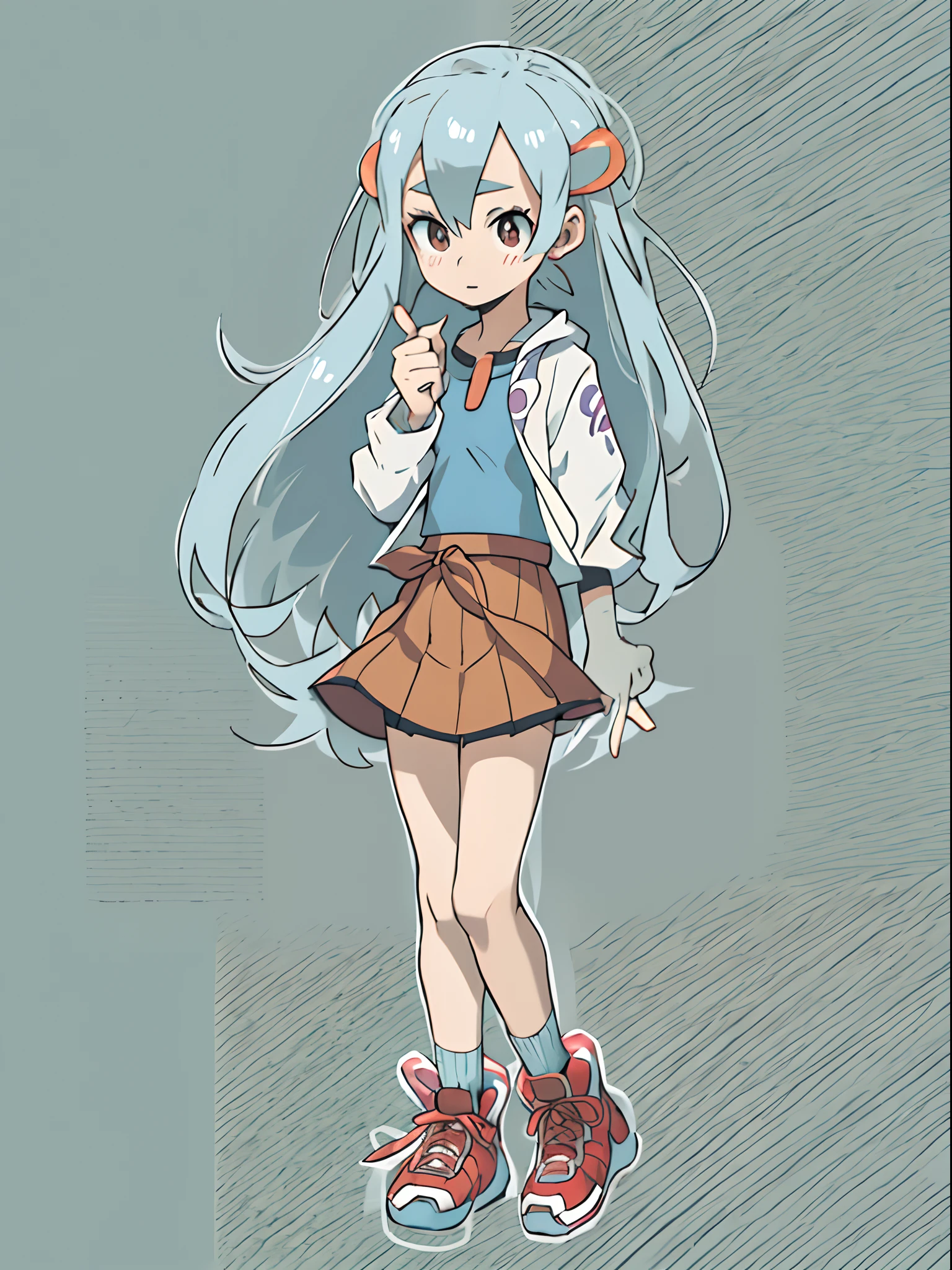 Underage females,at centre,light blue long hair,with brown eye,(详细的脸),(Detailed eyes),white skirt,pokemon trainer,full bodyesbian,style of anime,thinness,white backgrounid,One guy