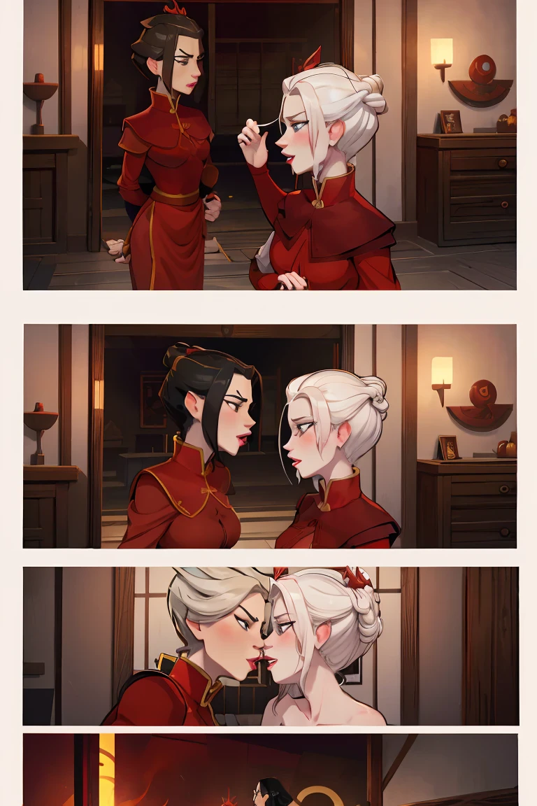 Elsa and Azula making out, Elsa has white platinum blonde hair, azula has black hair, azula has black hair