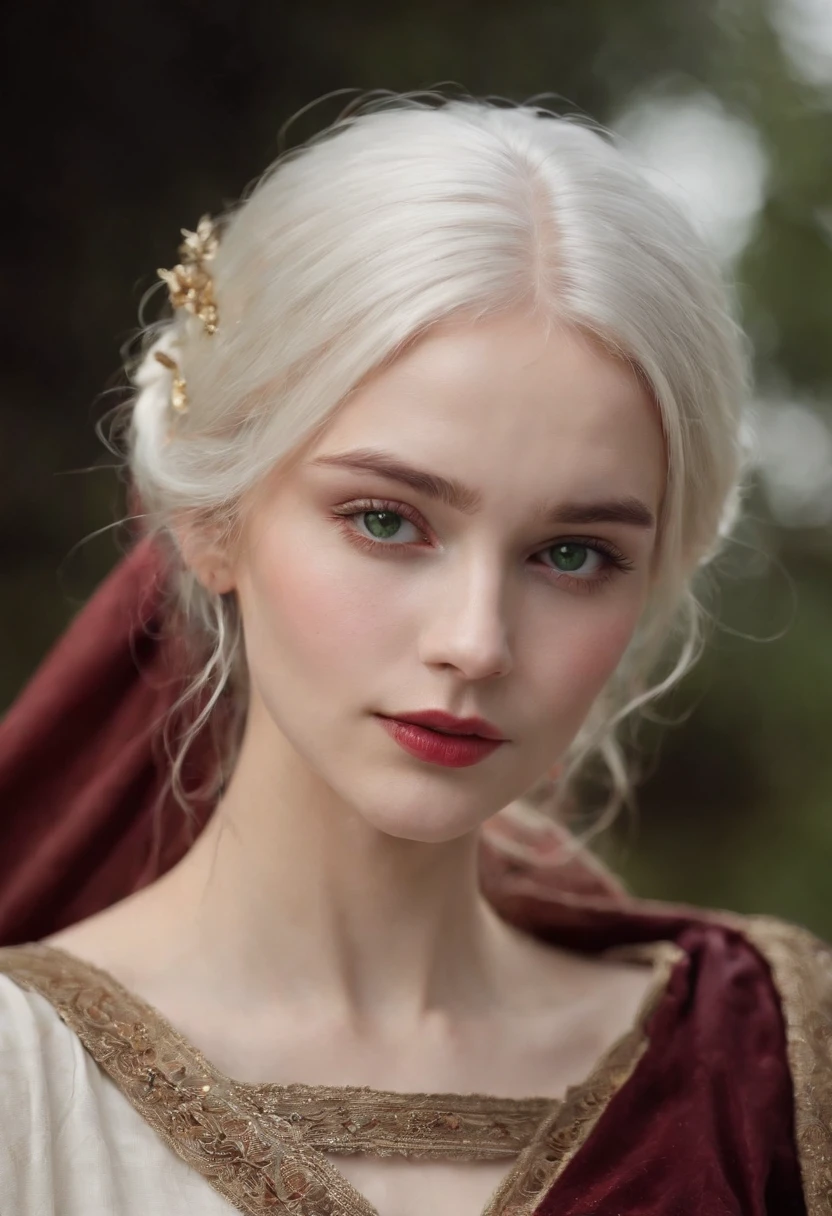 (((a deep reddish wound crosses her left cheek))) fair complexion, woman around 19 years old, natural white hair, distinctive green eyes, wearing kohl, slender and graceful, beautiful, candlelight in a medieval setting, ultra sharp focus, realistic shot, medieval female clothes, tetradic colors (scar:1.4)