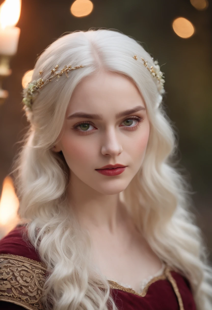 (((a deep reddish wound crosses her left cheek))) fair complexion, woman around 19 years old, natural white hair, distinctive green eyes, wearing kohl, slender and graceful, beautiful, candlelight in a medieval setting, ultra sharp focus, realistic shot, medieval female clothes, tetradic colors (scar:1.4)