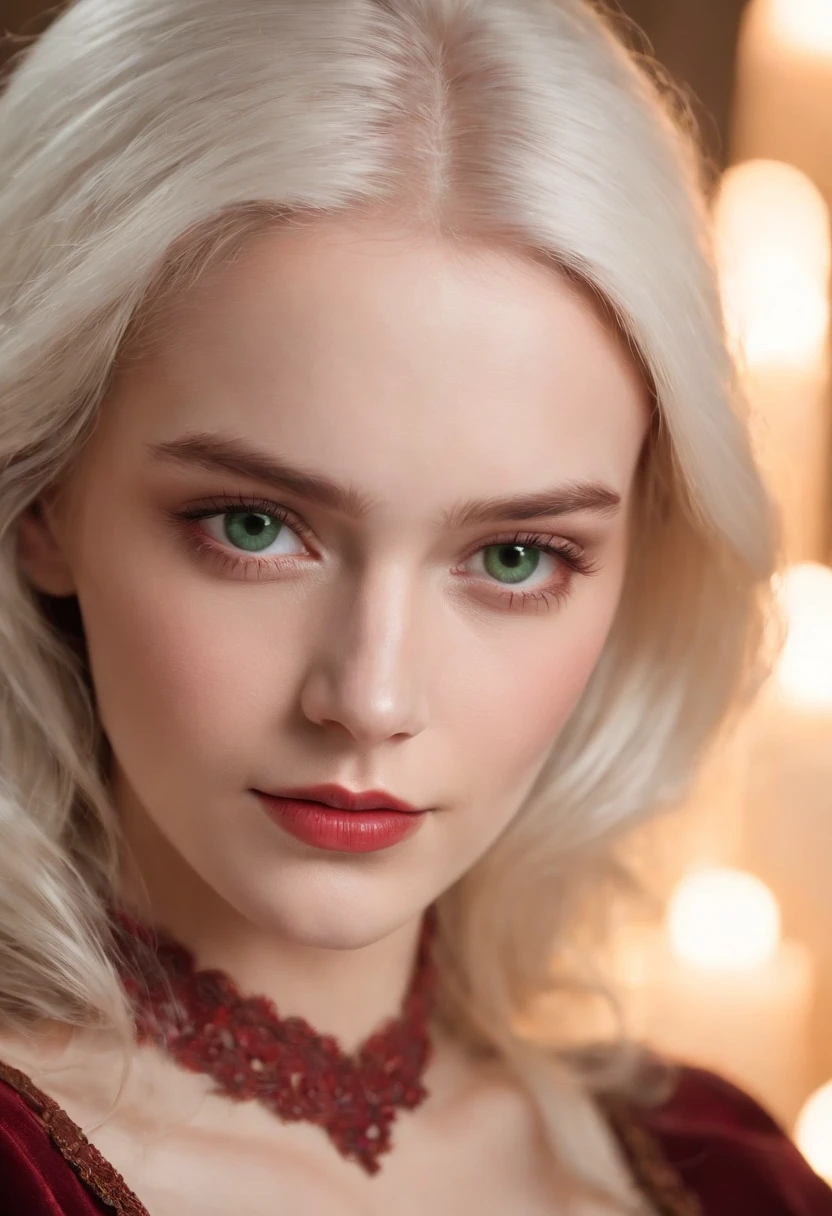 (((a deep reddish wound crosses her left cheek))) fair complexion, woman around 19 years old, natural white hair, distinctive green eyes, wearing kohl, slender and graceful, beautiful, candlelight in a medieval setting, ultra sharp focus, realistic shot, medieval female clothes, tetradic colors (scar:1.4)