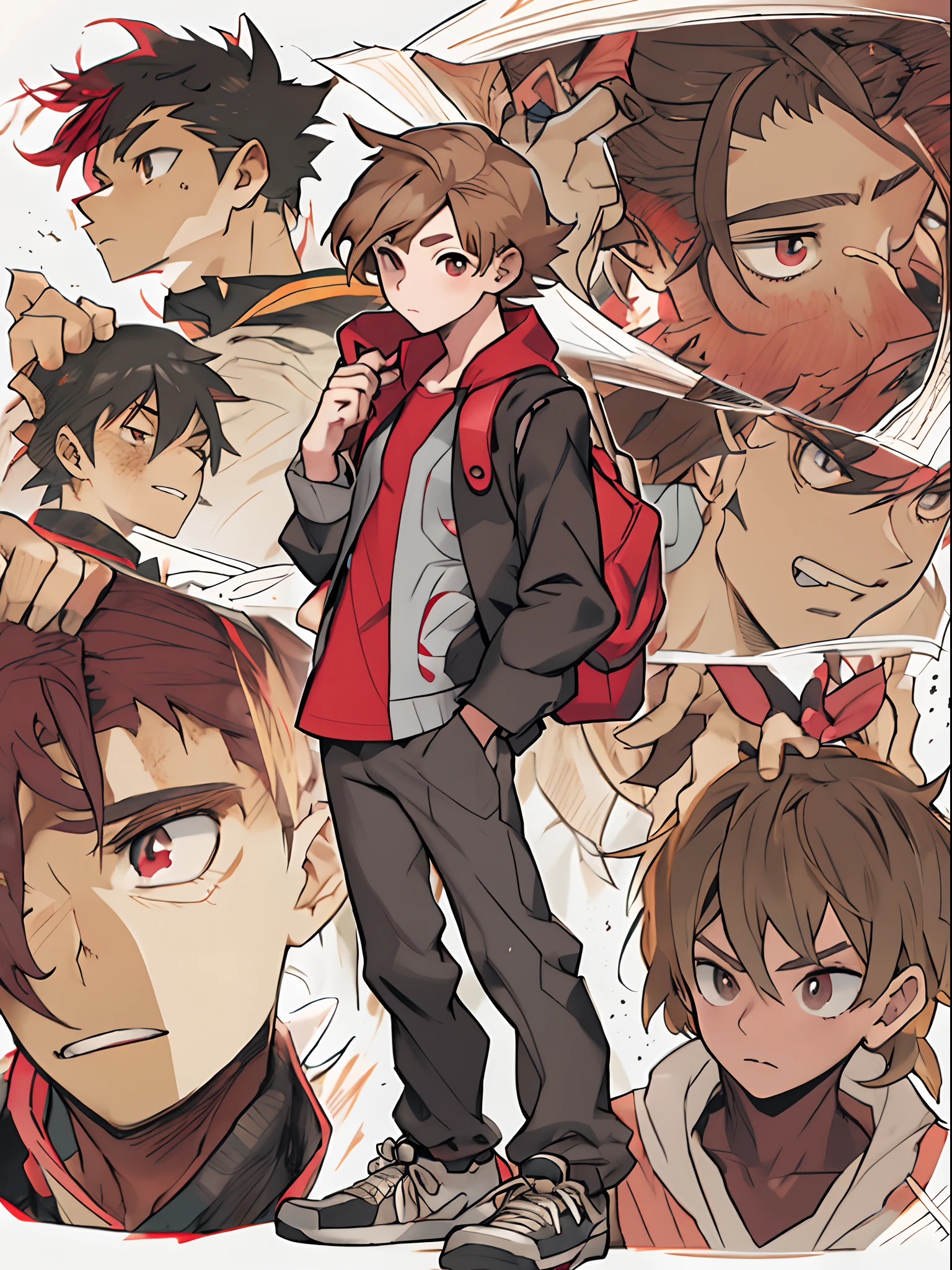 Underage males，at centre，with short brown hair，with brown eye，（详细的脸），（Detailed eyes）Red T-shirt，Black pantsuit，pokemon trainer，full bodyesbian，style of anime，thinness，white backgrounid，One guy