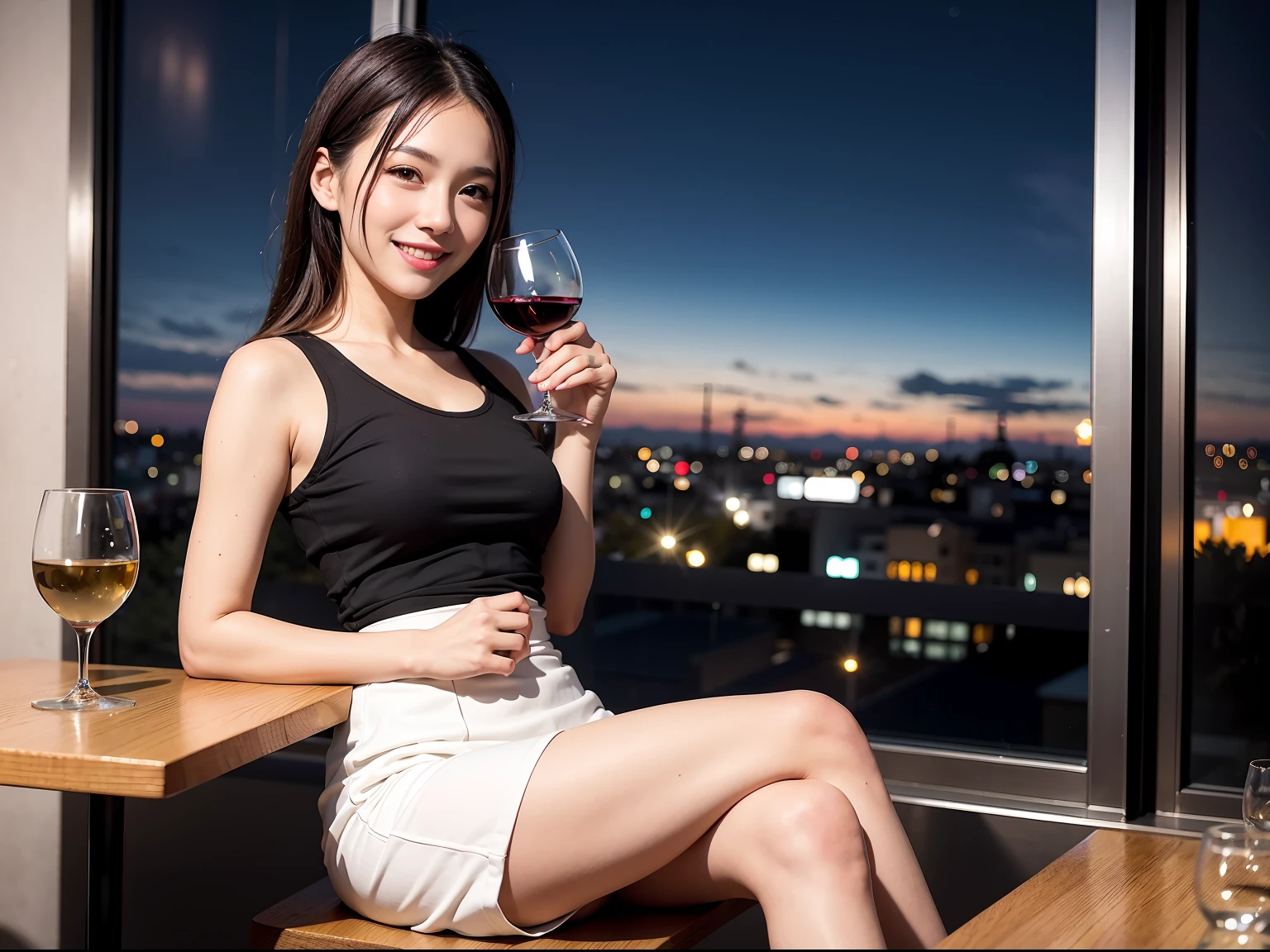 (64K, UHD, top quality, masterpiece: 1.2), (realistic, photorealistic: 1.37), super detailed, pretty woman 1 person, (slim face), (slim body), (brown hair), (short cut), cheeks slightly blushing, (41 years old), 38 years old, solo, outside the window is a beautiful detailed urban night view, restaurant, wine glasses sit, at night, in a prominent place (from the waist up) NovaFrogStyle, Actress, Model, Waist Up, White Wine, Slim, Wine Glass, Super Clean Night View, Wine Glass Put in the Middle, Happy Smile, (Smile: 1.15), Beautiful Fine Eyes, Upper Body, Bust Japan Up, Night, Short, Short, Actress, Model, Waist Up, White Wine, Slim, Wine Glass, Super Clean Night View, Wine Glass Put in the Middle, Happy Smile,