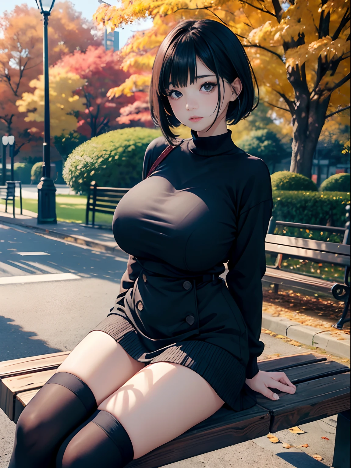 a 20 yo woman、(masterpiece:1.4)、(in 8K、realisitic、Raw photo、top-quality:1.4)、(Real Face:1.4)、(real looking skin:1.3)、超A high resolution、A hyper-realistic、Black eyes、black hair shorthair、Beige sweater、Dark blue pleated skirt、Black underwear、(huge-breasted:1.5)、Blushing、alluring face、autumnal、Colored leaves、a park、sit on a bench、Spread your crotch