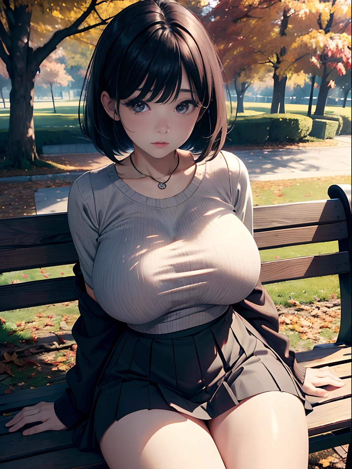 a 20 yo woman、(masterpiece:1.4)、(in 8K、realisitic、Raw photo、top-quality:1.4)、(Real Face:1.4)、(real looking skin:1.3)、超A high resolution、A hyper-realistic、Black eyes、black hair shorthair、Beige sweater、Dark blue pleated skirt、Black underwear、(huge-breasted:1.5)、Blushing、alluring face、autumnal、Colored leaves、a park、sit on a bench、Spread your crotch