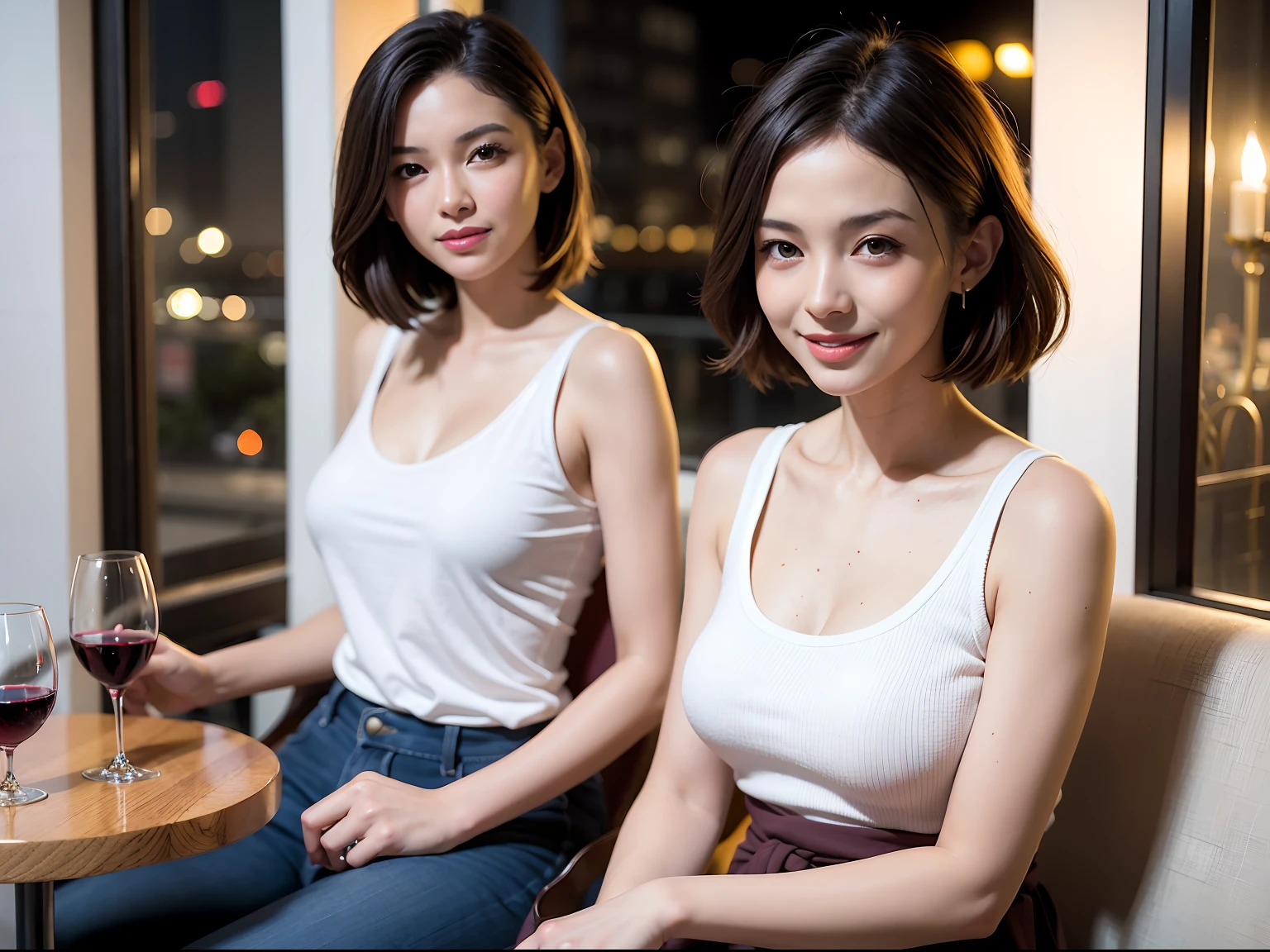(64K, UHD, top quality, masterpiece: 1.2), (realistic, photorealistic: 1.37), super detailed, pretty woman 1 person, (slim face), (slim body), (brown hair), (short cut), cheeks slightly blushing, (41 years old), 38 years old, solo, outside the window is a beautiful detailed urban night view, restaurant, wine glasses sit, at night, in a prominent place (from the waist up) NovaFrogStyle, Actress, Model, Waist Up, White Wine, Slim, Wine Glass, Super Clean Night View, Wine Glass Put in the Middle, Happy Smile, (Smile: 1.15), Beautiful Fine Eyes, Upper Body, Bust Japan Up, Night, Short, Short, Actress, Model, Waist Up, White Wine, Slim, Wine Glass, Super Clean Night View, Wine Glass Put in the Middle, Happy Smile,