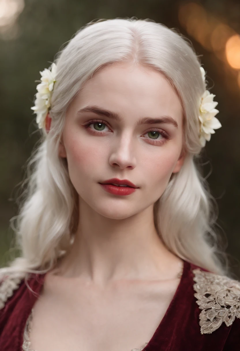 (((a deep reddish wound crosses her left cheek))) fair complexion, woman around 19 years old, natural white hair, distinctive green eyes, wearing kohl, slender and graceful, beautiful, candlelight in a medieval setting, ultra sharp focus, realistic shot, medieval female clothes, tetradic colors (scar:1.4)