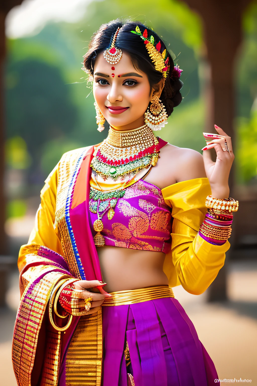 Generate a vibrant and culturally rich image of an Indian woman adorned in traditional attire, showcasing the elegance and grace of her cultural heritage. The colors should be lively, and the setting could include elements that highlight the diversity and beauty of Indian traditions."