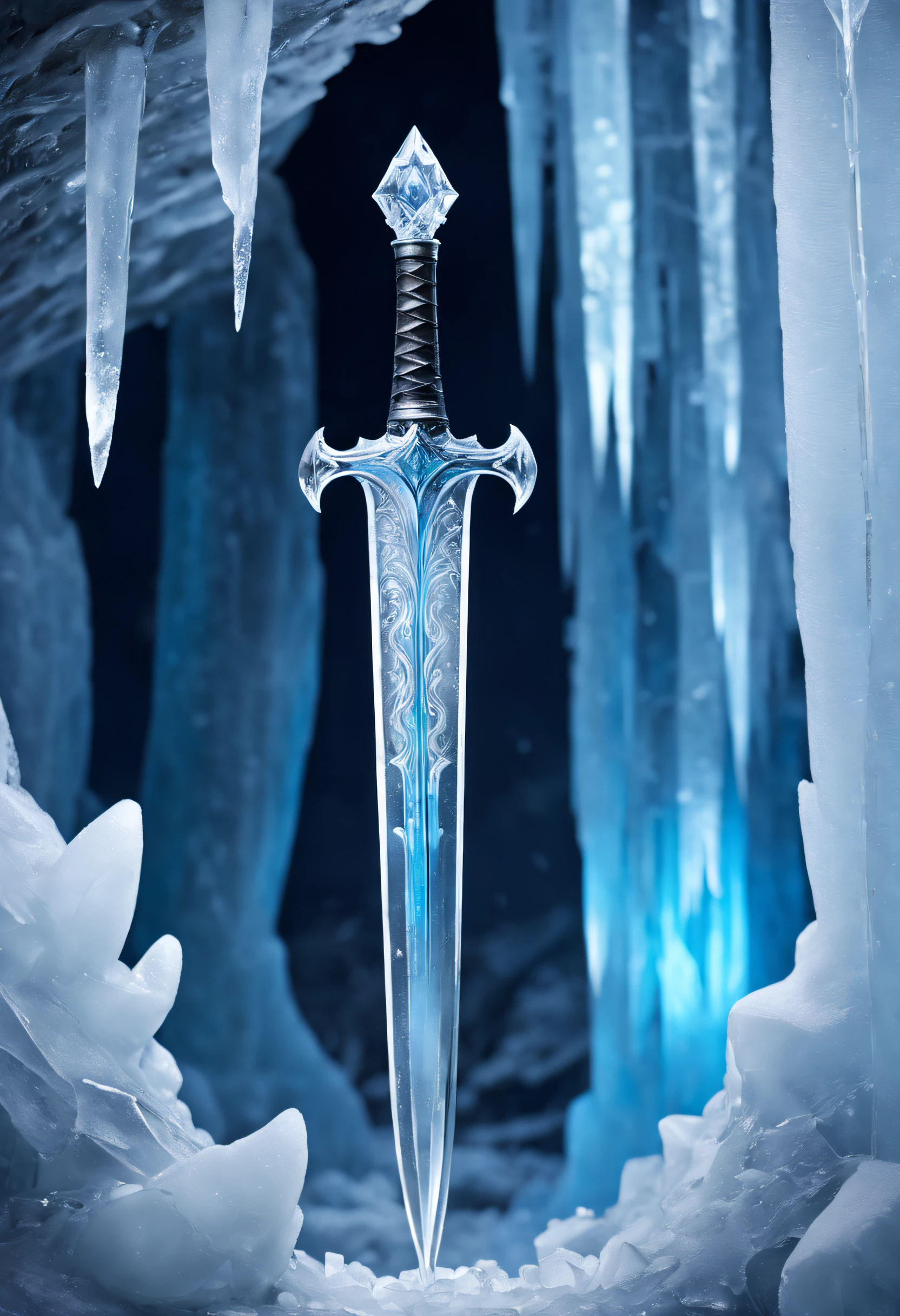 Best Quality, high details, Super Detail, masutepiece,An ice sword stuck in the frozen ground in the center, Transparent ice、Colorless and transparent、Ice sculpture, Legendary Sword, Sword made of ice, intricately carved patterns、ice cave, light like a spotlight, everything is ice