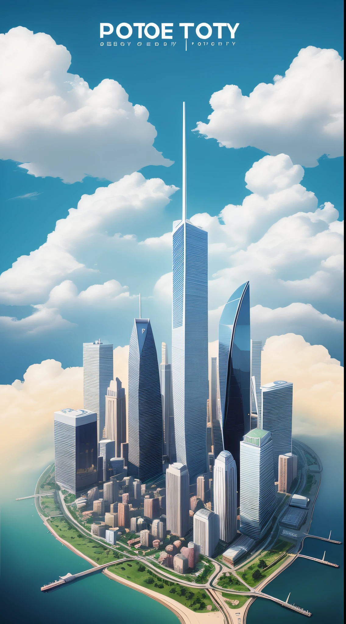 Design a brochure image for a fake city called “poot city” include elderly people and  clouds.