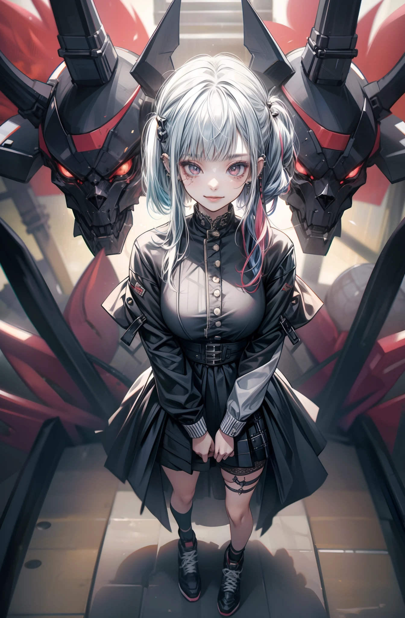 muy detallado, Alta calidad, obra maestra, Hermoso, (HidingFromTerminator), Terminator robot sin partes humanos todo metalico con un arma buscando a una (1 girl 20 years old junkotvv long black hair, orejas de gato, ojos rojos sitting, under table, crying),