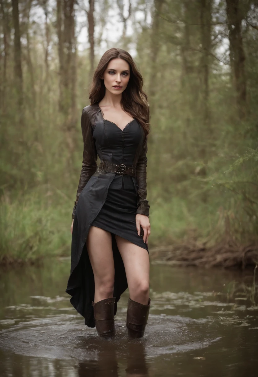 nтусклое освещение, A woman drowns on her hips in a muddy swamp, a closeup of a, (Realistic fantasy rendering in a swamp:1.0), matte painting portrait photo, A realistic photo, (lust:1.3), mini skirt, (black stockings with garters on the legs), leather jacket, leather boots,