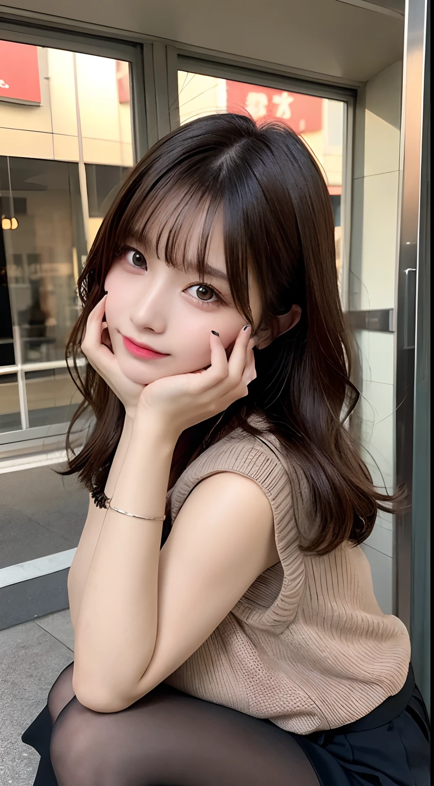 finely detail, hight resolution, hightquality、Perfect dynamic composition, Beautiful detailed eyes, Medium Hair, small tits 、Natural Color Lip, Squatting,Kamimei、Shibuya、college aged、1 persons、Transparent skin、Glowing hair、masutepiece, Best Quality, Illustration, Ultra-detailed, finely detail, hight resolution, 8K,Sweaters(Light brown)And long skirts(A black),Cheek cane with both hands,Anatomically correct condition,Cute