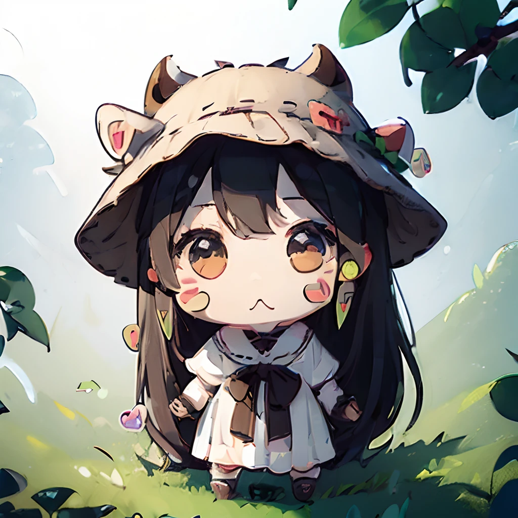 (((a sticker:1.5)))、((Chibi Chara))、(White background): girl with ,boar head hat、Big eyes, ,fullllbody,in woods，top-quality