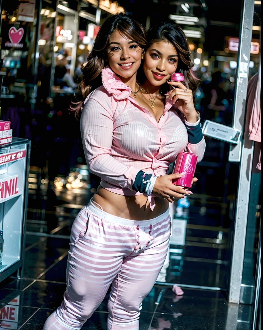 (((2heads))),obese,1man, white skinned italian,40 years old,working in a mall clothing store, best quality, (mall:1.2), ((wearing a striped light pink hot pink shirt)), ((tight striped hot pink pants)), pants, gorgeous, (((big bulge))),, fluorescent lighting, (dynamic pose:1), soft lighting, wind, photography, masterpiece,  no facial hair,no body hair, wide hips, wide chest, wide waist, holding a perfume bottle,full body, feminine face, thick pink glossy lips,smiling
