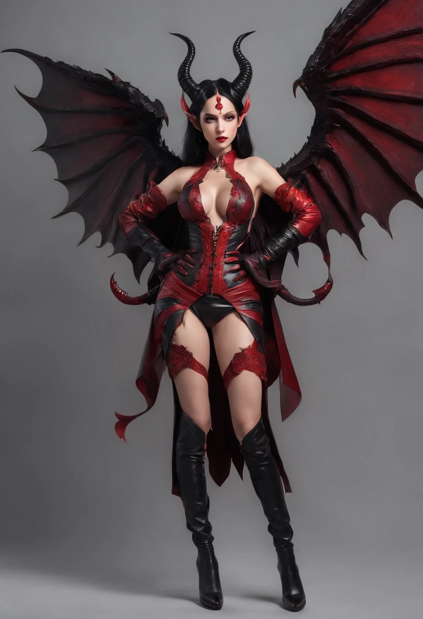 (Best quality at best,4K,8K,A high resolution,tmasterpiece:1.2),ultra - detailed,(actual,realisticlying,Photorealistic:1.37),Hot succubus mom,with long black hair, thick black lips, Wearing revealing black leather clothing,Decorated with BDSM elements. Her costume consisted of a seductive corset, Highlight her sexy figure. Her skin is a charming fiery red color, exudes devilish temptation. A pair of majestic devil wings gracefully sprouted from her back, beautiful with detail,The pattern is complex. On top of her head, She has stunning tiefling horns, embodies her otherworldly existence.. The artwork should capture her seductive aura, Show her confidence and strength. The light in the scene should emphasize the seductive curves of her body, casting dramatic shadows and highlights. The color palette should evoke a feeling of darkness and desire, Has a rich black contrast tone, Red, and deep maroon.
