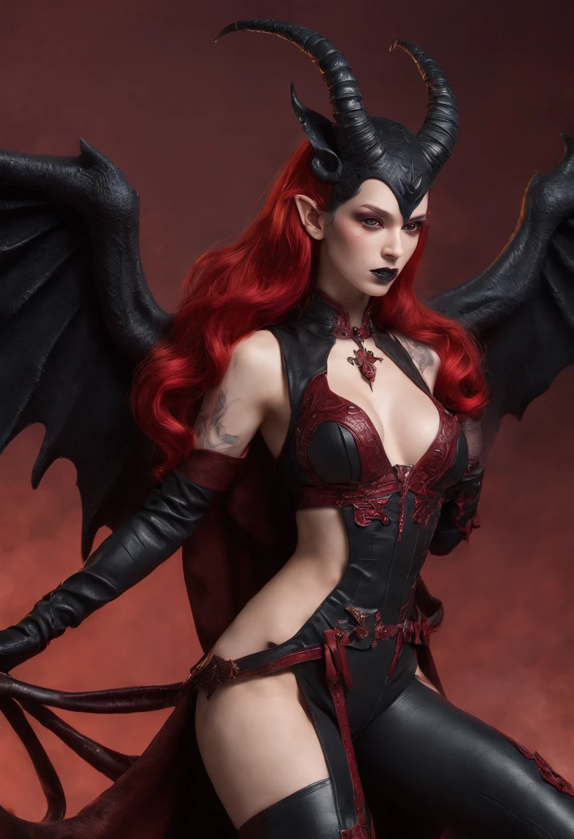 (Best quality at best,4K,8K,A high resolution,tmasterpiece:1.2),ultra - detailed,(actual,realisticlying,Photorealistic:1.37),Hot succubus mom,with long black hair, thick black lips, Wearing revealing black leather clothing,Decorated with BDSM elements. Her costume consisted of a seductive corset, Highlight her sexy figure. Her skin is a charming fiery red color, exudes devilish temptation. A pair of majestic devil wings gracefully sprouted from her back, beautiful with detail,The pattern is complex. On top of her head, She has stunning tiefling horns, embodies her otherworldly existence.. The artwork should capture her seductive aura, Show her confidence and strength. The light in the scene should emphasize the seductive curves of her body, casting dramatic shadows and highlights. The color palette should evoke a feeling of darkness and desire, Has a rich black contrast tone, Red, and deep maroon.