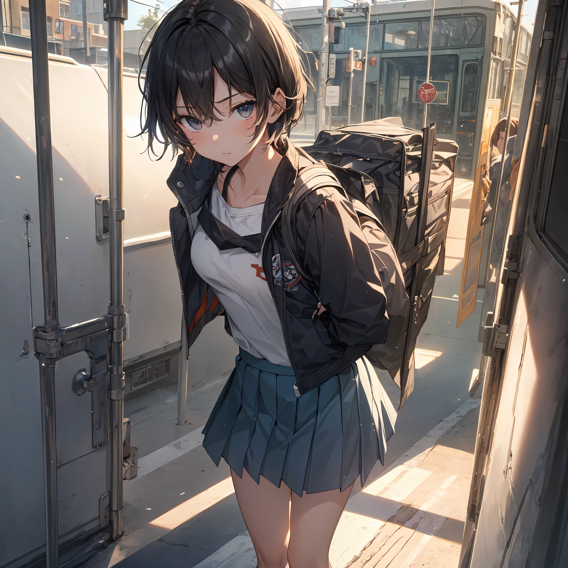 Portrait, Documentary, Photo, A girl is 13-year-old gender-neutral middle school student with short black hair and small chest, walking on the school commute route with a tired expression, Short hair, School uniform, skirt, School commute route, High quality, Realistic, Eye-level shot, Medium shot, side view, Natural lighting, School commute,break,1girl, (Solo,Loli face,13-year-old:1.5),a junior high school student, androgynous charm, (Very Short hair), flat chest, Small butt, Beautiful detailed black eyes, disgusted eye,break,((top quality,shinkai makoto style,ultra-detailed,high resolution,extremely detailed CG,unity 8k wallpaper,by famous artist,perfect anatomy,super detailed skin,cinematic lighting)),