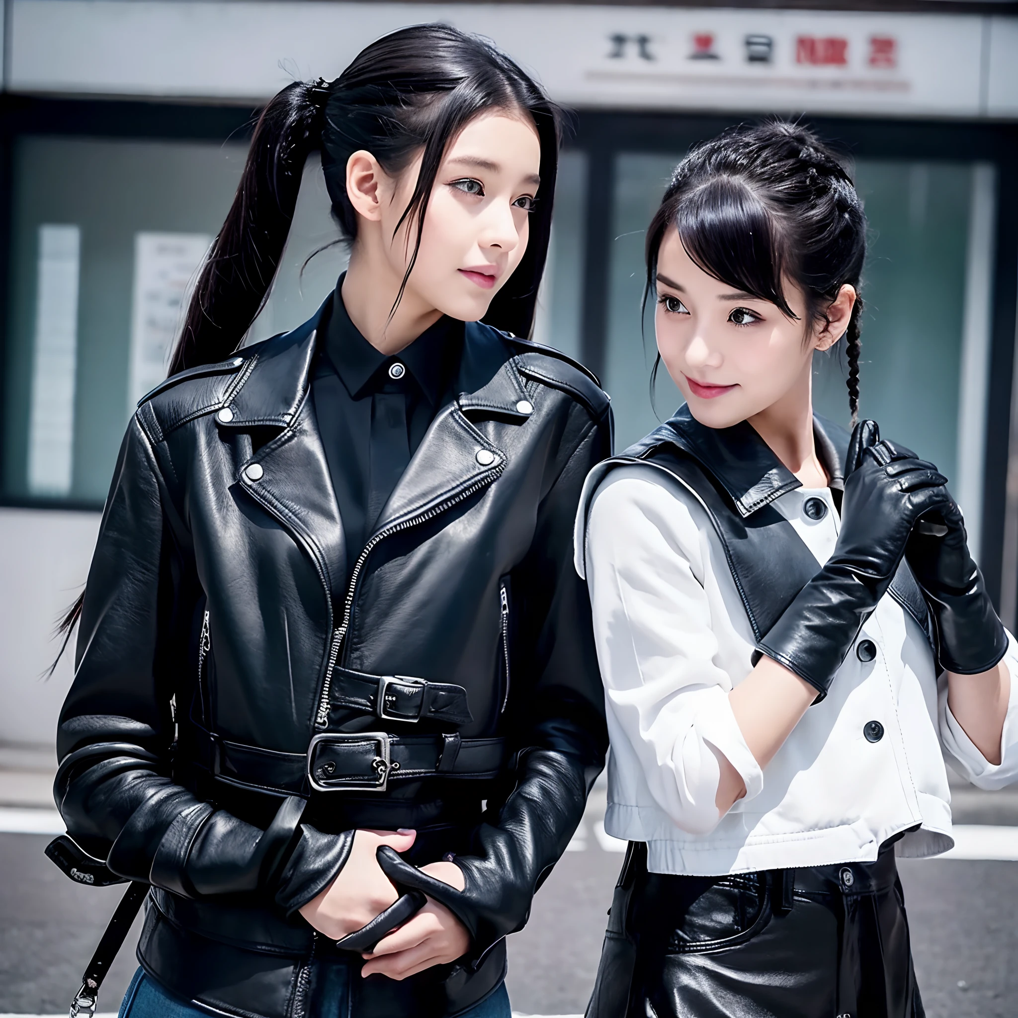He wears black leather gloves on both hands、black leather riders double jacket、Black Leather Skinny Pants、Black hair ponytail、Black leather long boots、Cute Japan high school girl