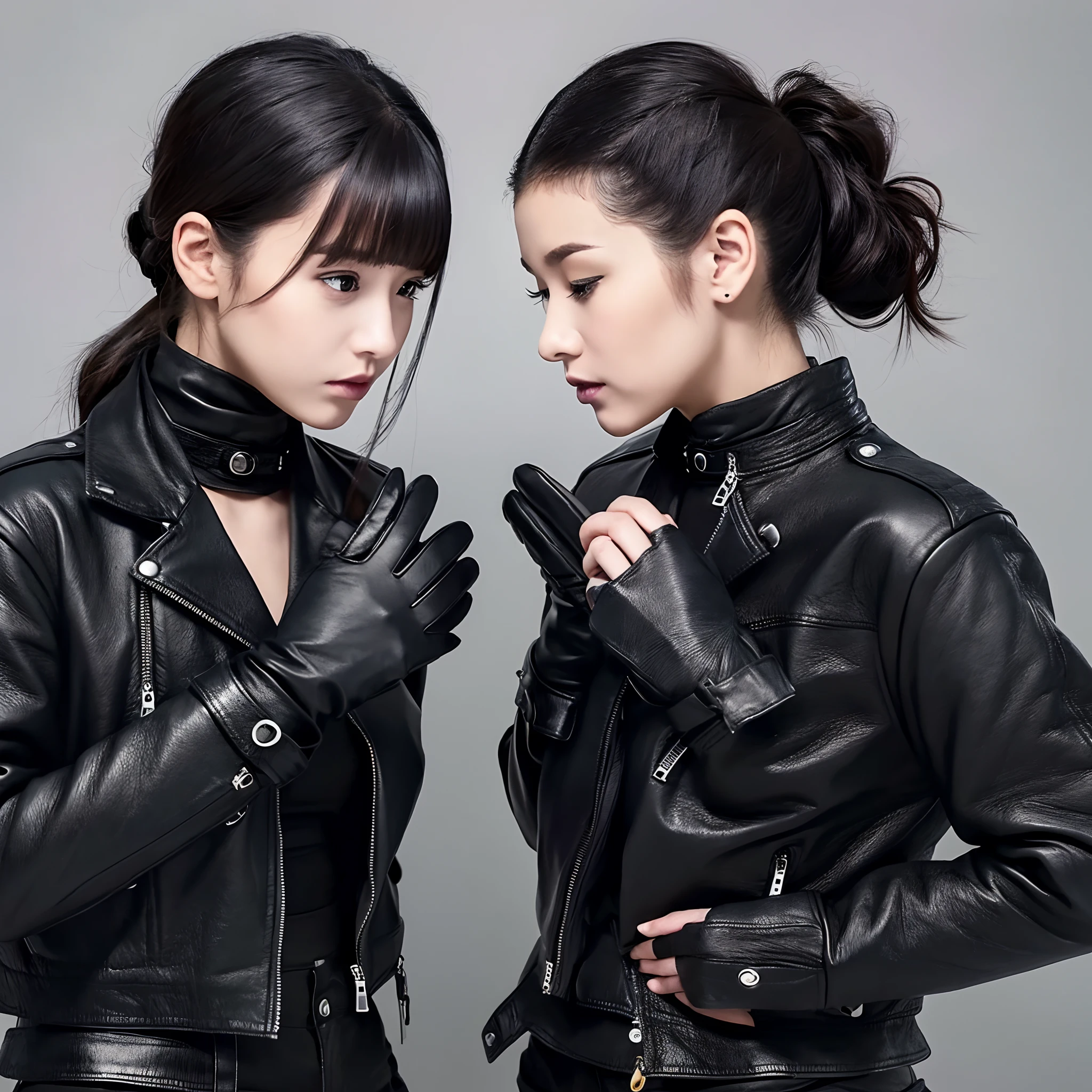 He wears black leather gloves on both hands、black leather riders double jacket、Black Leather Skinny Pants、Black hair ponytail、Black leather long boots、Cute Japan high school girl