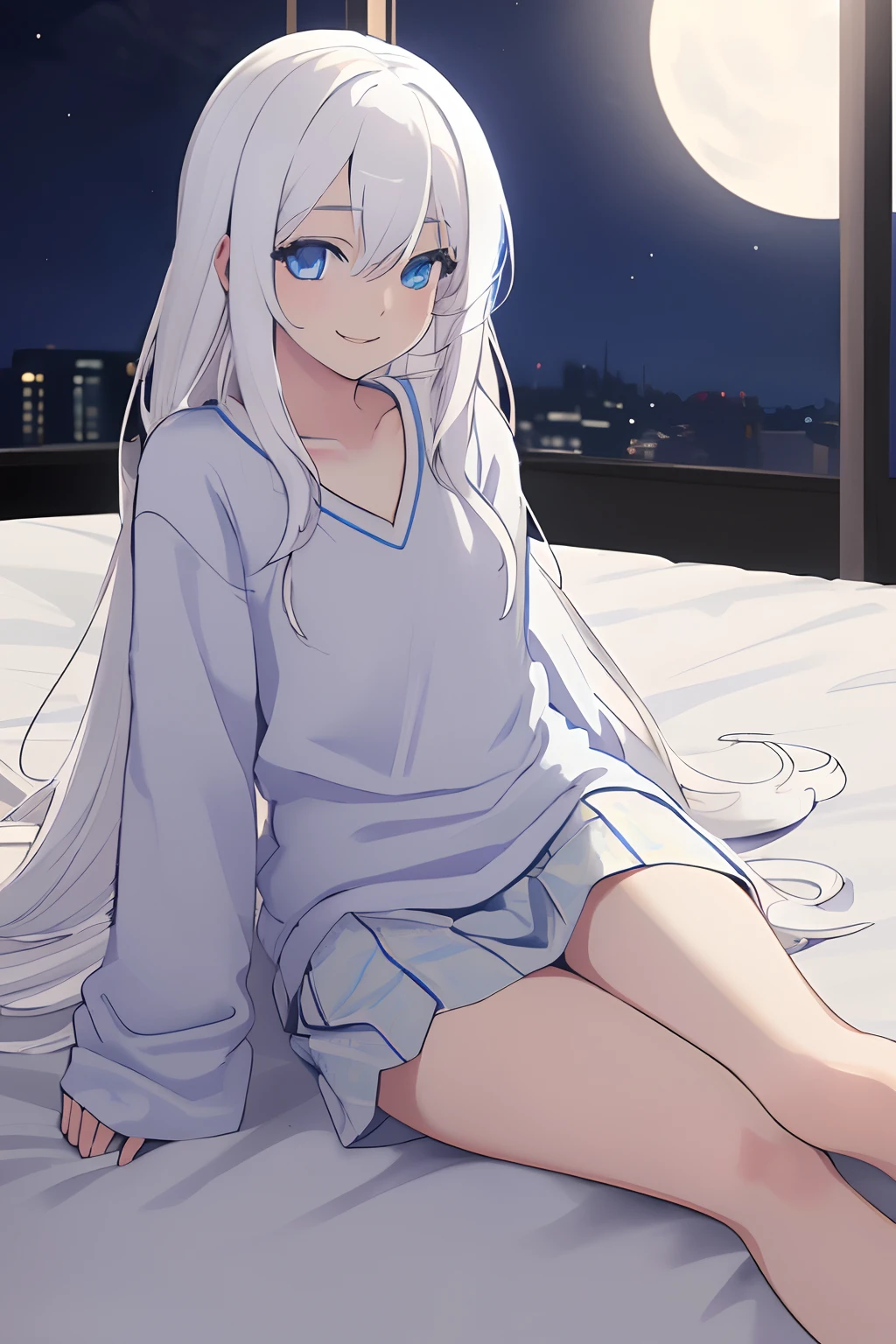 Chica anime, ((Masterpiece), (Best Quality)) (super detailed), ((((solo)))), fullbody, ((((white hair)))), long hair, ((((blue eyes)))), sleepy, smile, 18yo, pajamas, v-neck sweater, wide sleeve, mini skirt, Hip Length, sleeves_past_wrists, bed room, on the bed, (((night))), lying