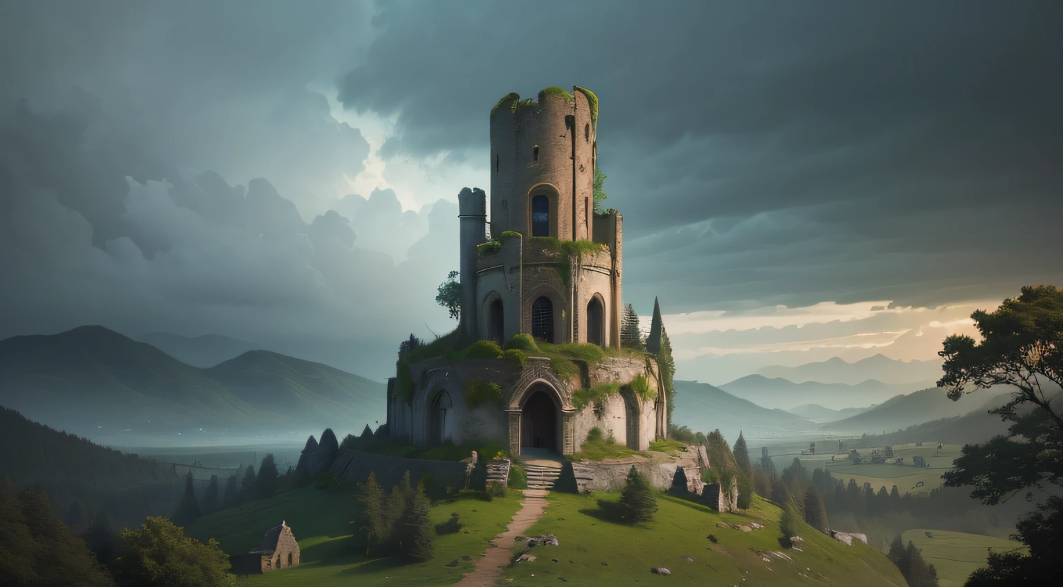 fantasy landscape,artwork,isolated ruined tower on a hill,arrow slits,stone arches,overgrown well,by a wild forest,bushes,undergrowth,(best quality,4k,8k,highres,masterpiece:1.2),ultra-detailed,(realistic,photorealistic,photo-realistic:1.37),medieval style,moody lighting,vibrant colors,enchanted ambiance