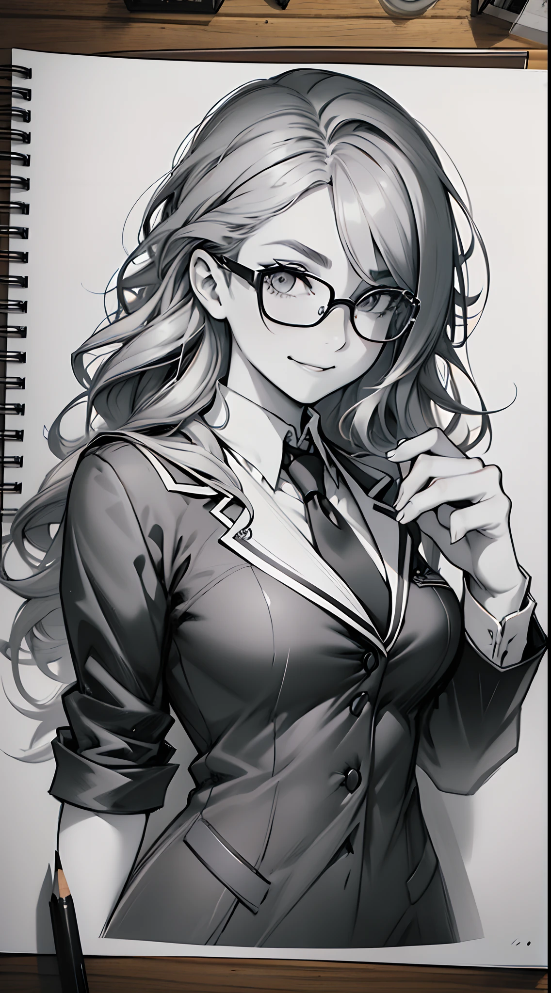 sketching,pencil drawing,Portrait of a Young Woman,longwavy hair,ssmile,Professional Dress,eye glass,Black and white picture,Black and white art,Black and white illustration,super-fine,Hair is carefully described,The eyes are carefully depicted,best qualtiy,8K分辨率