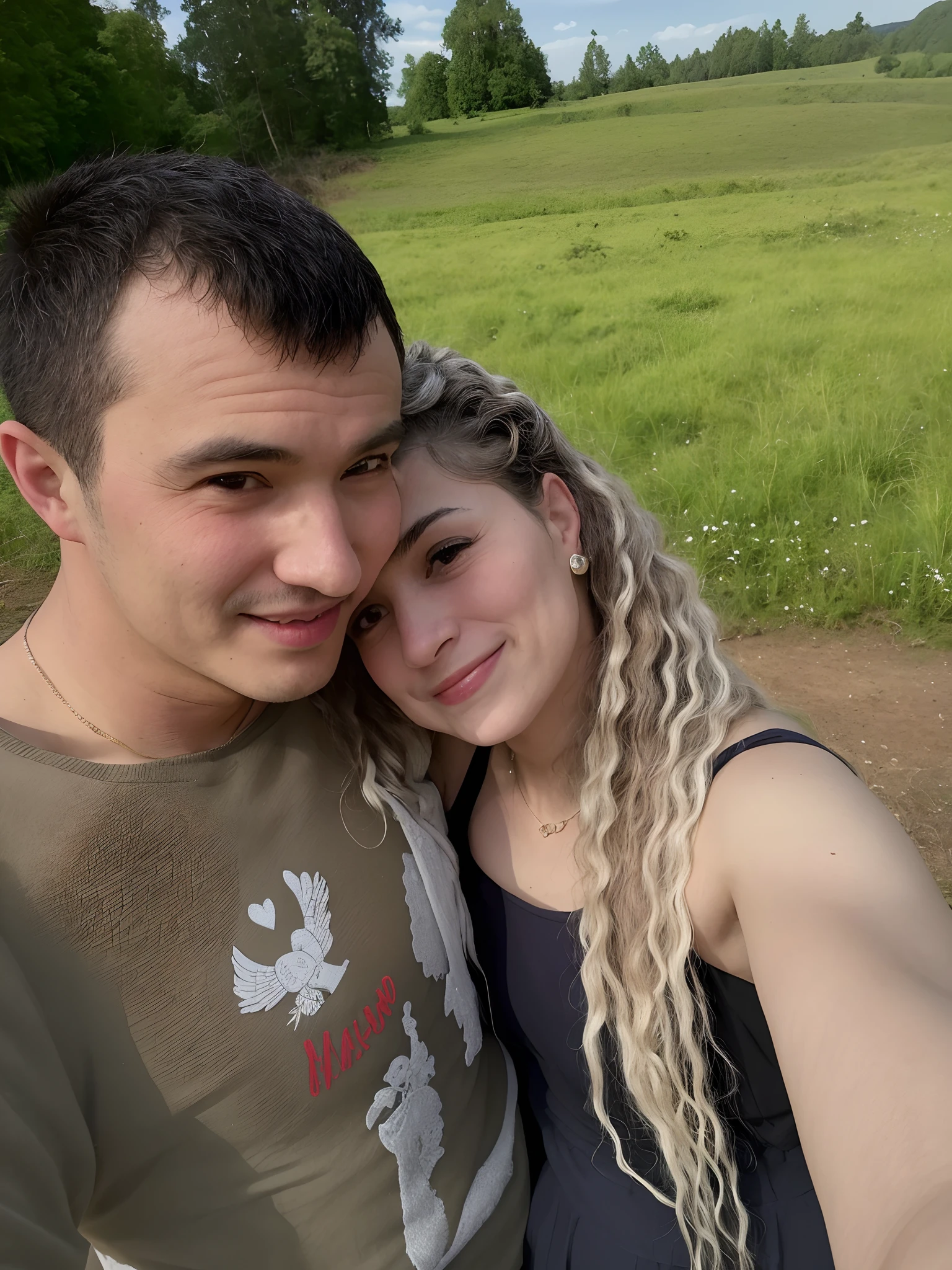 There is a man and a woman, who pose for photography, lovely couple, they are in love, very, very high picture quality, in front of a forest background, couple pose, Happy couple, profile picture 1024px, couple, colored photo, in love selfie, apaixonado, profile image, in the countryside