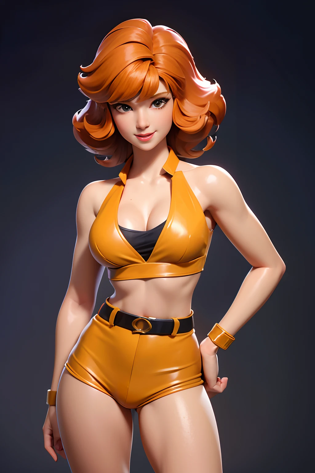 Cowboy shot, April O'Neill, 1980s \(style of\), 1girl, brown hair, orange hair, retro artstyle, Short hair, Yellow bikini, slim waist, slim hips, athletic, cleavage, night city background