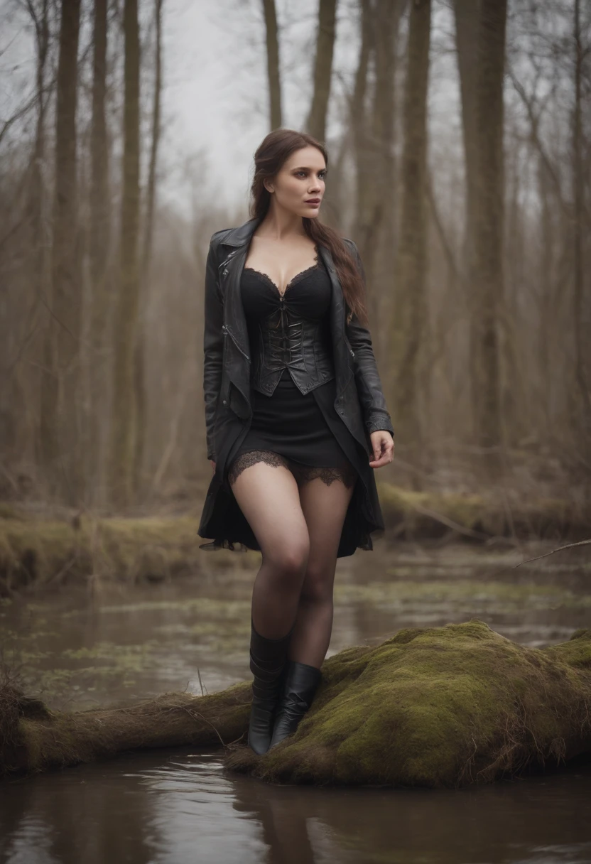 nтусклое освещение, A woman drowns on her hips in a muddy swamp, a closeup of a, (Realistic fantasy rendering in a swamp:1.0), matte painting portrait photo, A realistic photo, (lust:1.3), mini skirt, (black stockings with garters on the legs), leather jacket, leather boots,