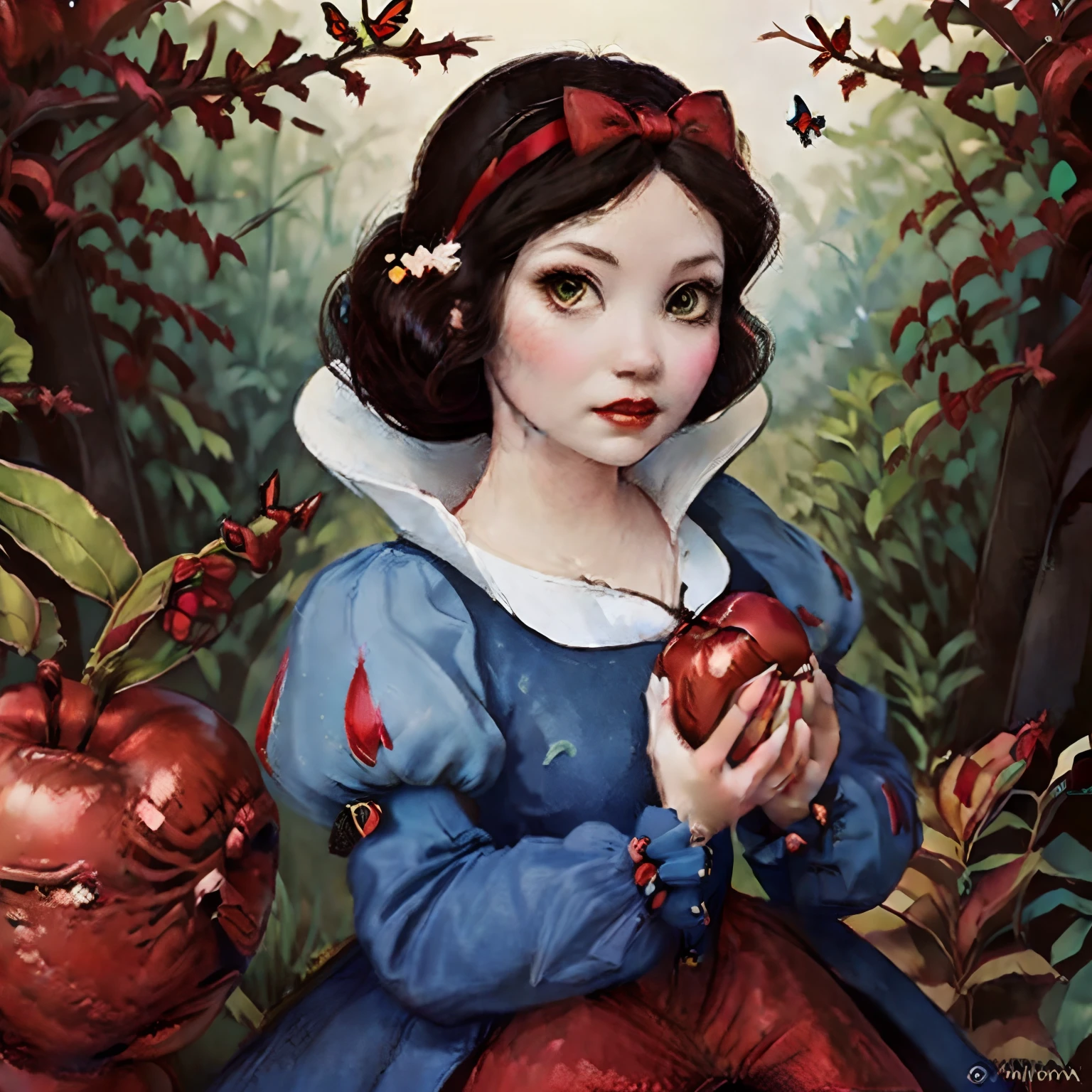 1girl SnowPrincessw, solo, (red lips,white skin),eyelashes,gradient eyes,outdoors,black hair,snow white, (dress, puffy sleeves:1.3),(red hairband with bow:1.4),(brown eyes:1.4),(nature:1.1),expressionless,looking at viewer,(butterfly:1.2),apple,(holding apple:1.4), perfect anatomy
