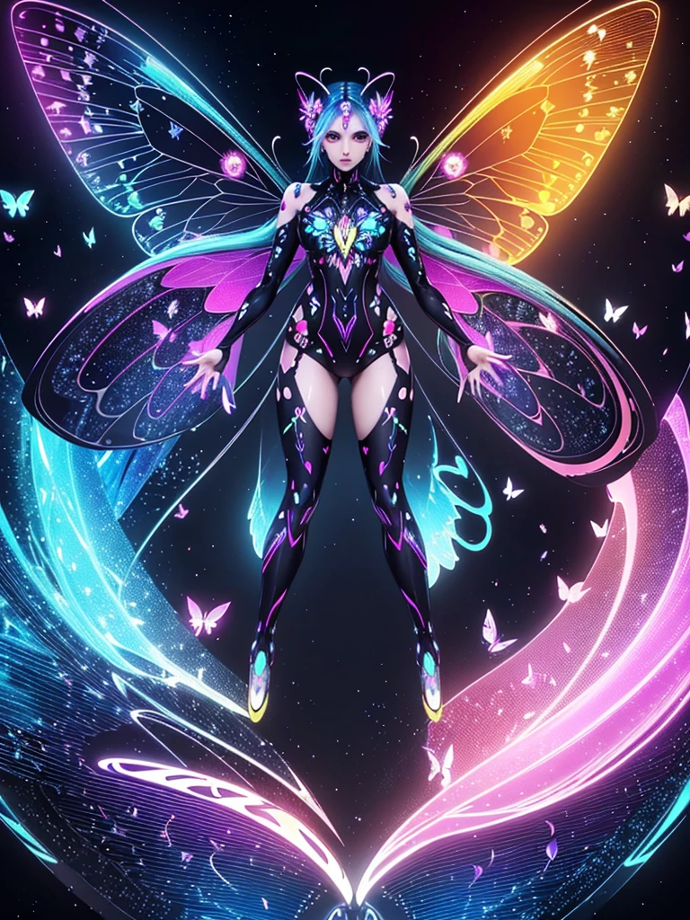 pixel sorted，Futuristic fantasy butterfly，Sci-fi butterflies，Futuristic butterflies，mechanical butterfly，Fly petals，Metal polished mechanical butterfly painting on black background,Rainbow with neon wings，Form different structures， stunning render, Magical rainbow elements,Brilliant circular rainbow composition，symetrical composition，Alone， Beautiful symmetry, Symmetrical wings, magnificent art, Symmetrical wings, Detailed digital art