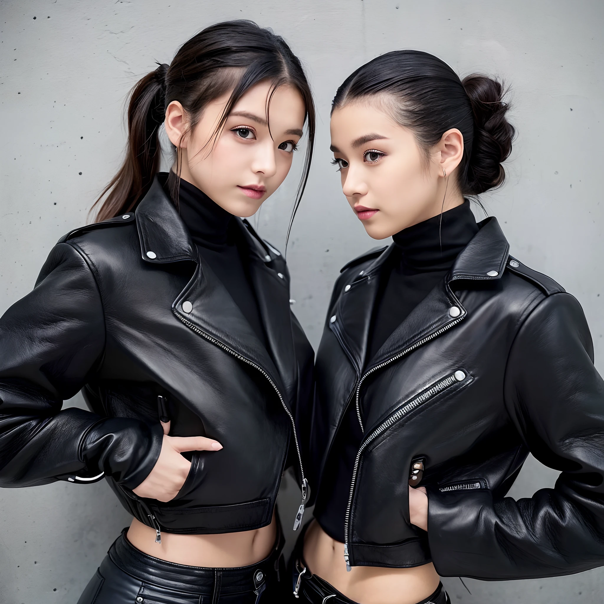 He wears black leather gloves on both hands、black leather riders double jacket、Black Leather Skinny Pants、Black hair ponytail、Black leather long boots、Cute Japan high school girl