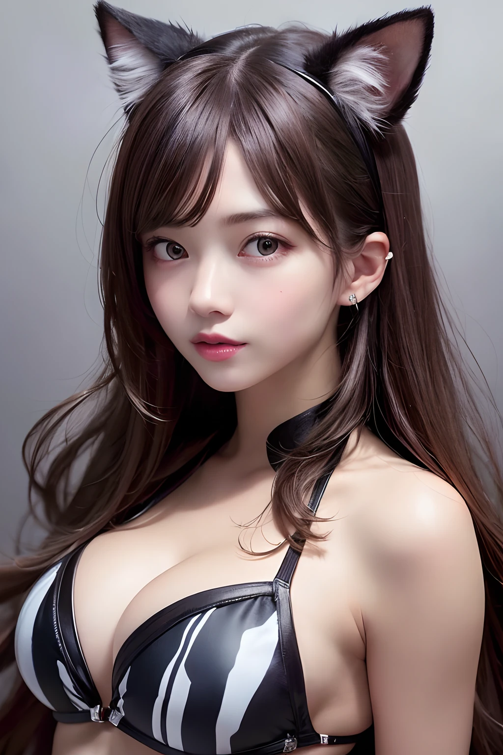 High resolution, extremely detailed photo, 8k full color, Upper body, (girl with), detailed medium breasts, cleavage, beautiful detailed face and eyes, detailed shoulders, detailed bust, Dynamic hairstyle, (wearing dynamic bikini:1.5), Professional Lighting, Best Quality、Cat's ears