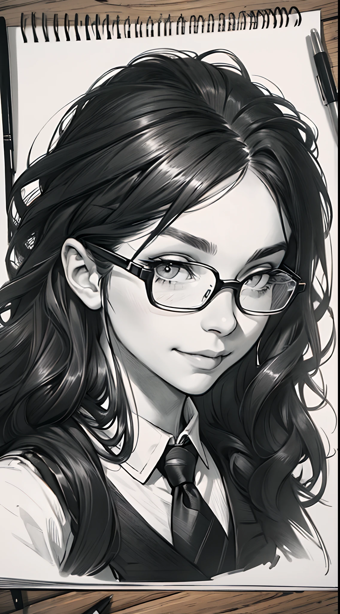 sketching，pencil drawing，Portrait of a Young Woman，longwavy hair，ssmile，Professional Dress，eye glass，Black and white picture，Black and white art，Black and white illustration，super-fine，Hair is carefully described，The eyes are carefully depicted，best qualtiy，8K分辨率