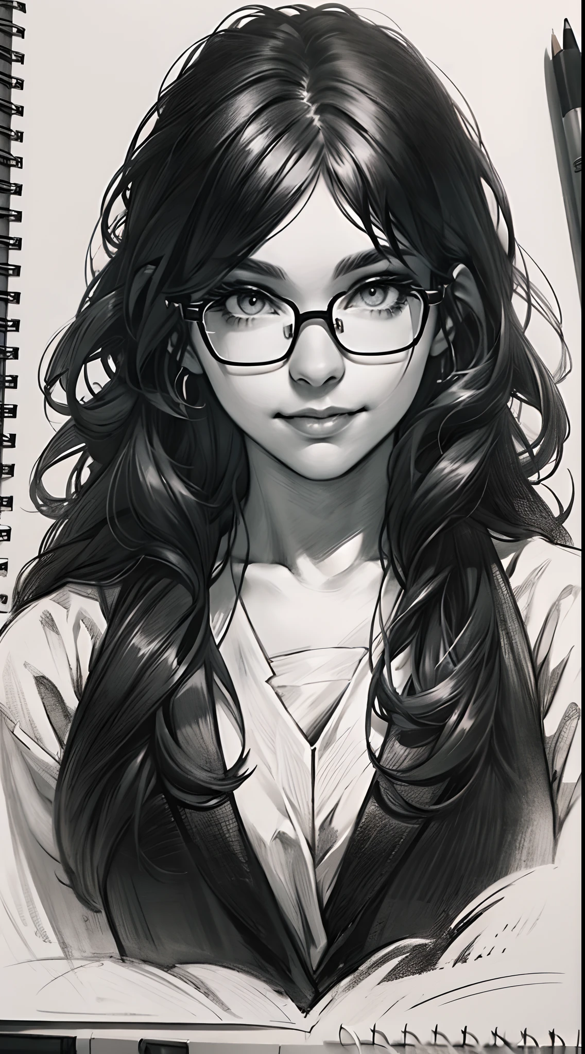 sketching，pencil drawing，Portrait of a Young Woman，longwavy hair，ssmile，Professional Dress，eye glass，Black and white picture，Black and white art，Black and white illustration，super-fine，Hair is carefully described，The eyes are carefully depicted，best qualtiy，8K分辨率