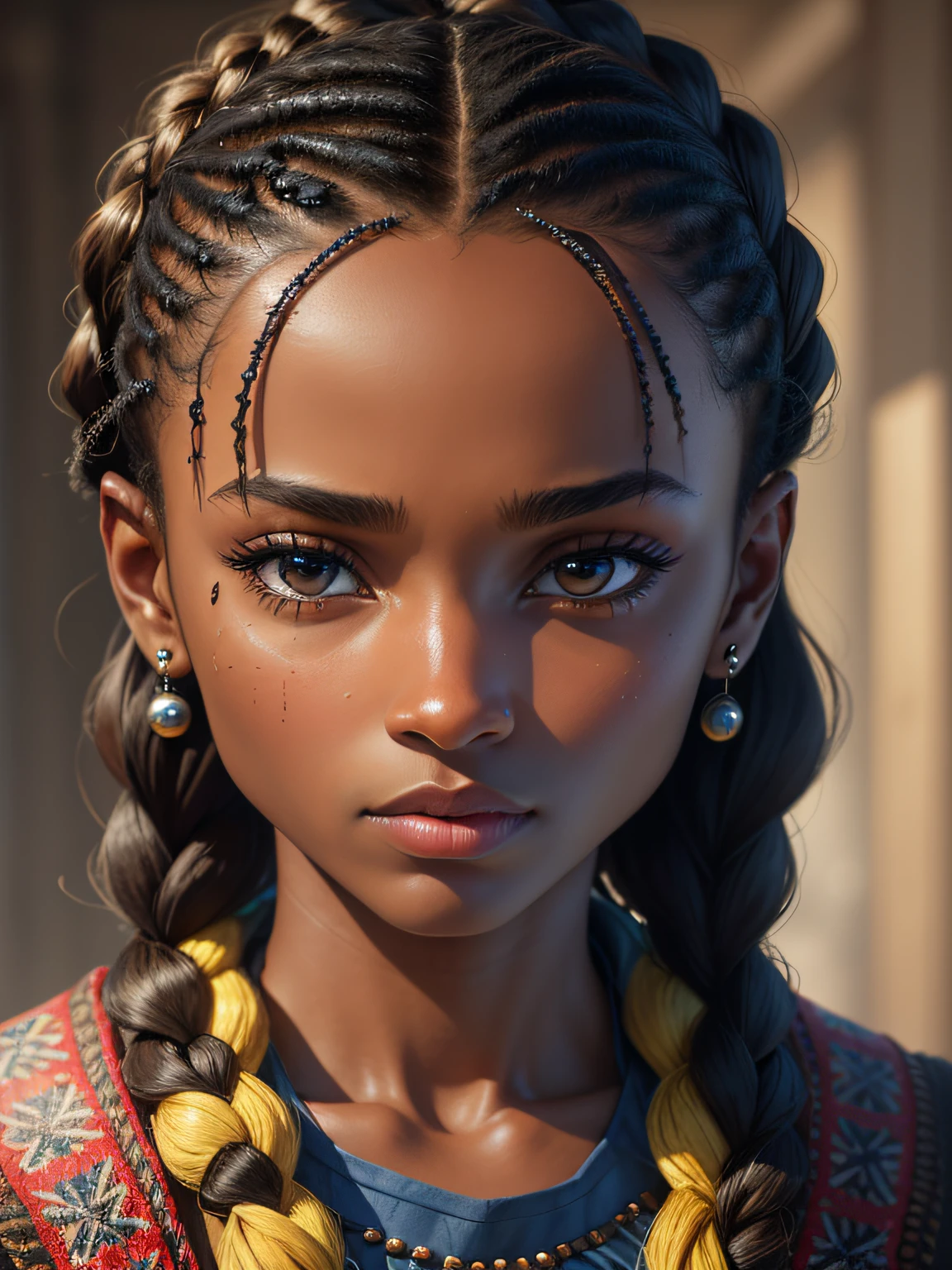 A photorealistic portrait of Kiki Layne, wide jaw, strong chin, closeup, close-up, with light makeup, Left eye covered bu leather patch, Extremely detailed brown right eye, braided hair hanging down, braids decorated with coloured beads, braids framing face, serious expression, one eyebrow raised, A detailed symmetrical realistic face, blue keffiyeh, smart blue waterproof jacket, Highly detailed natural texture, master piece, absurdes, extremly detailed, astonishing, fine detail, couleurs riches, Hyper realistic texture, dramatic lighting